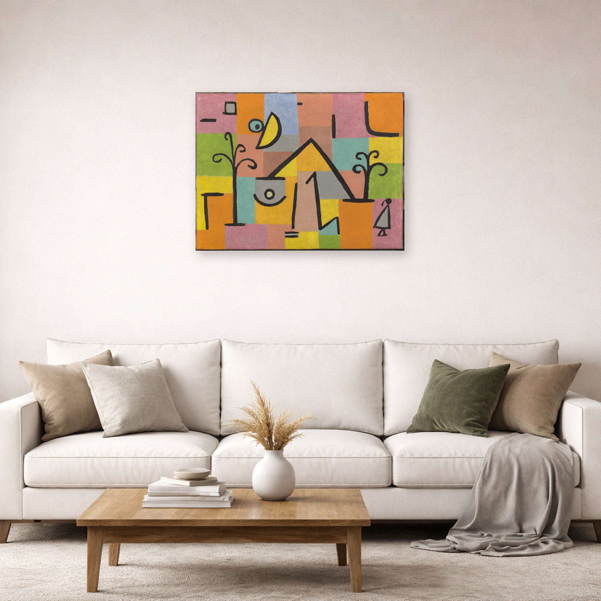 Unframed poster print of Paul Klee's Douceur D’Orient displayed on a wall in a living room