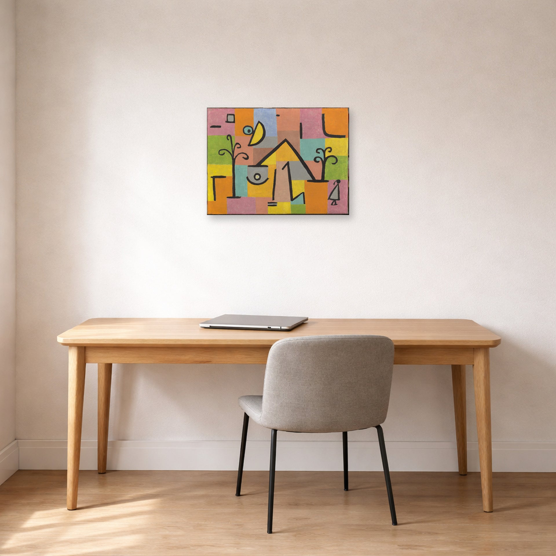 Unframed poster print of Paul Klee's Douceur D’Orient displayed on a wall in an office