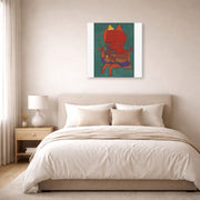 Gallery-wrapped canvas print of Paul Klee's Figurine Small Fire Devilfigurine Kleiner Furtufel displayed on a wall in a bedroom