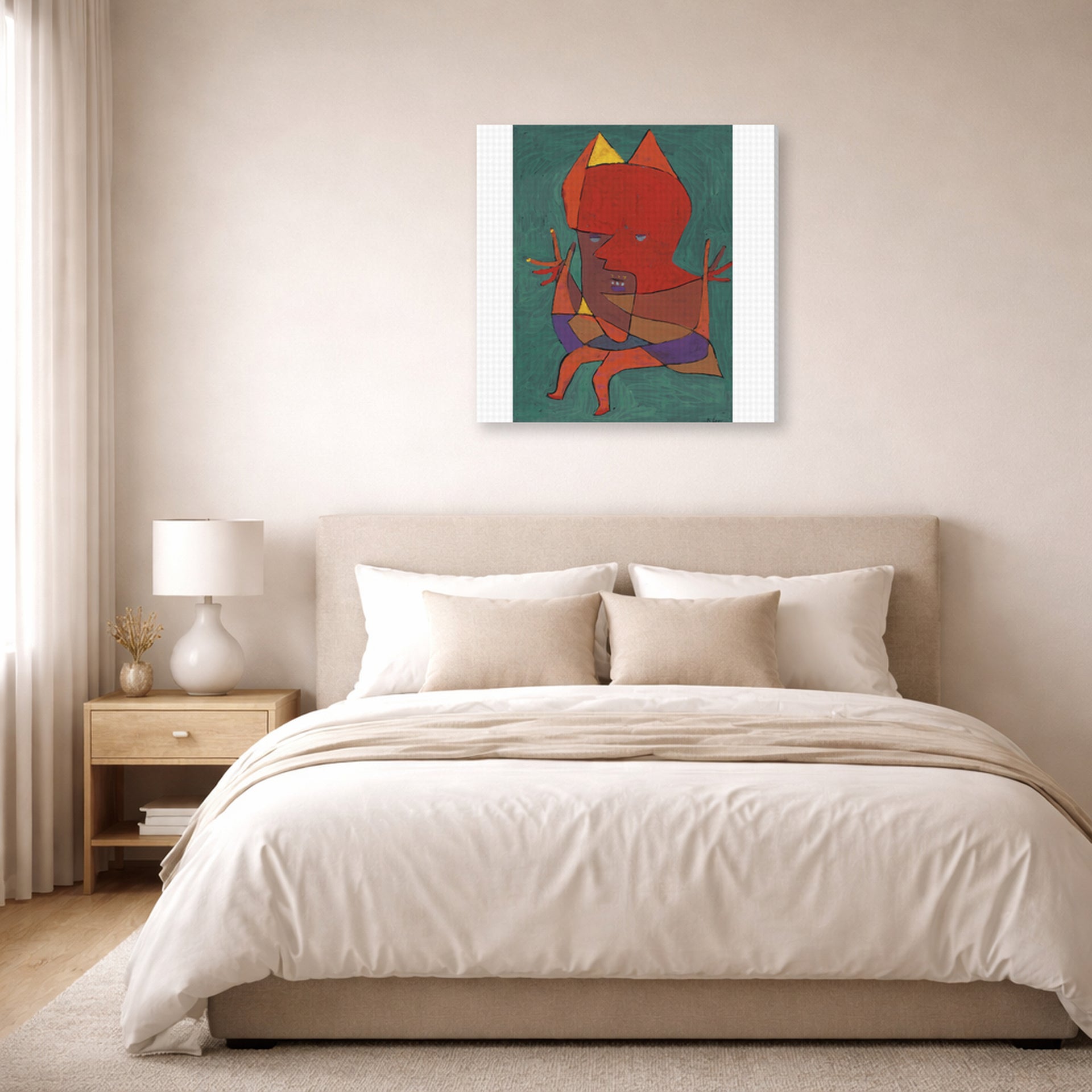Gallery-wrapped canvas print of Paul Klee's Figurine Small Fire Devilfigurine Kleiner Furtufel displayed on a wall in a bedroom