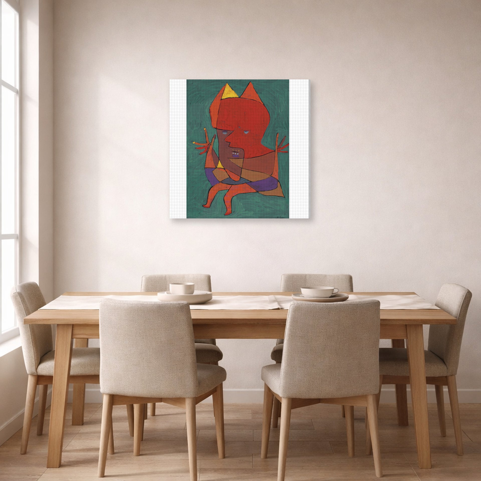 Gallery-wrapped canvas print of Paul Klee's Figurine Small Fire Devilfigurine Kleiner Furtufel displayed on a wall in a dining room