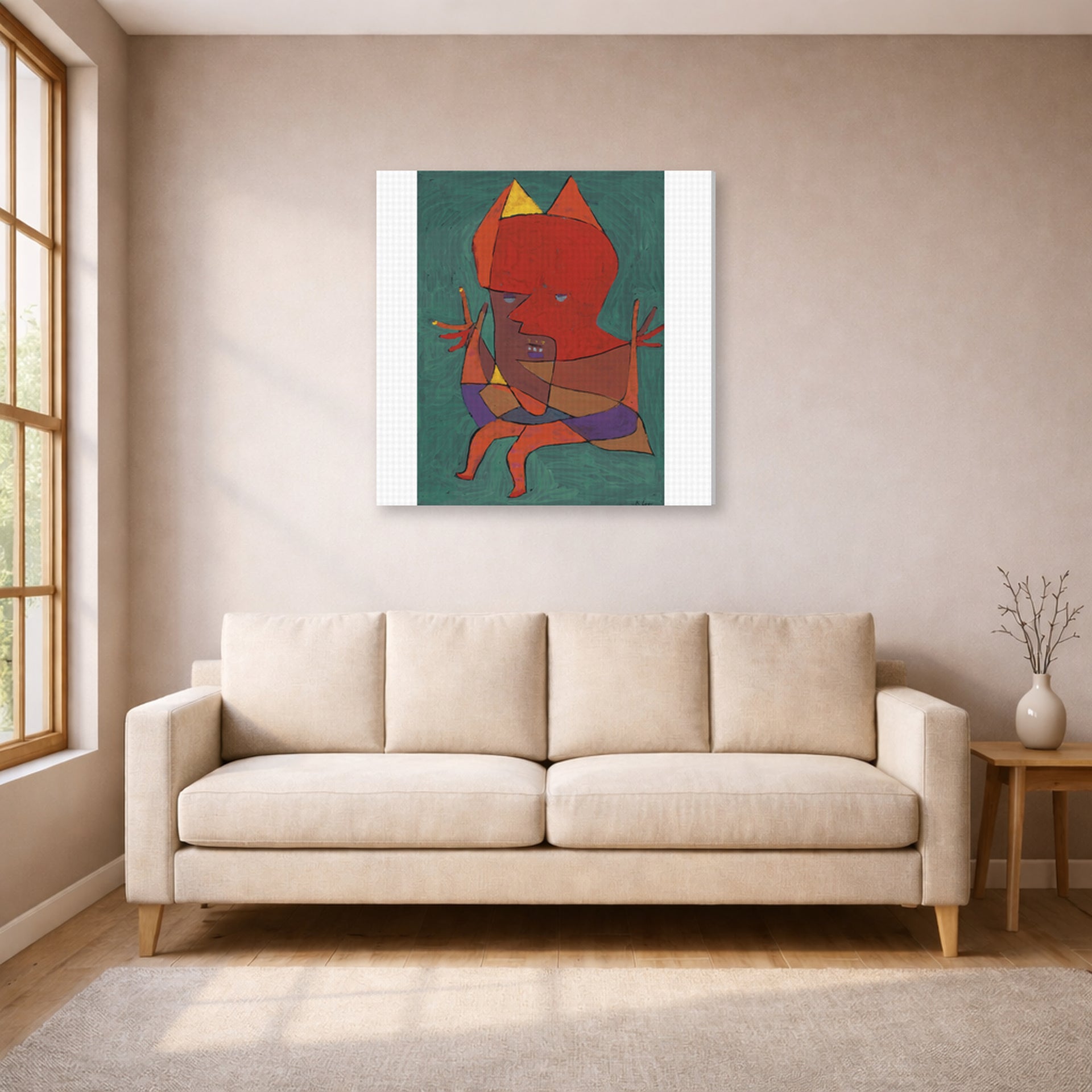 Gallery-wrapped canvas print of Paul Klee's Figurine Small Fire Devilfigurine Kleiner Furtufel displayed on a wall in a living room