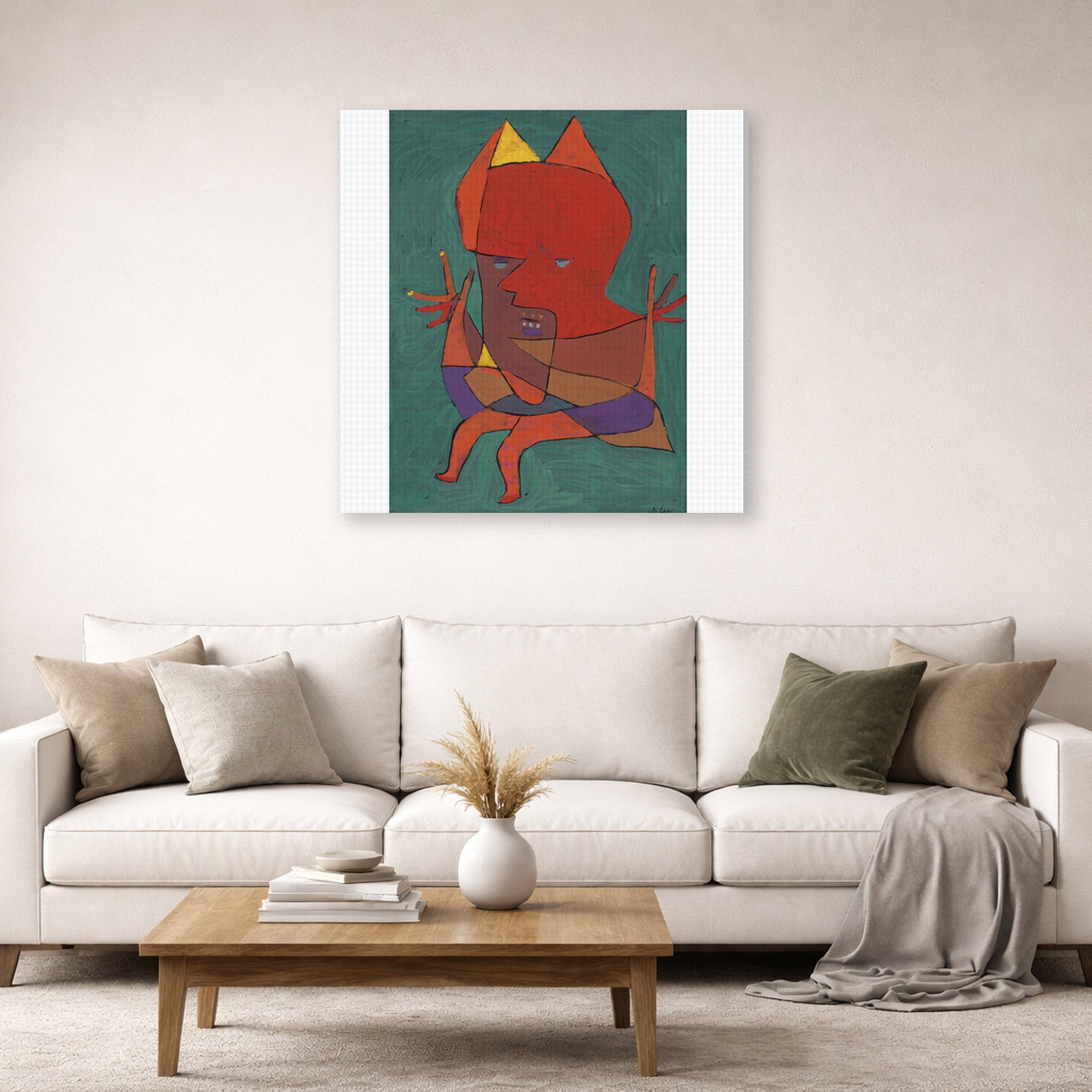 Gallery-wrapped canvas print of Paul Klee's Figurine Small Fire Devilfigurine Kleiner Furtufel displayed on a wall in a living room