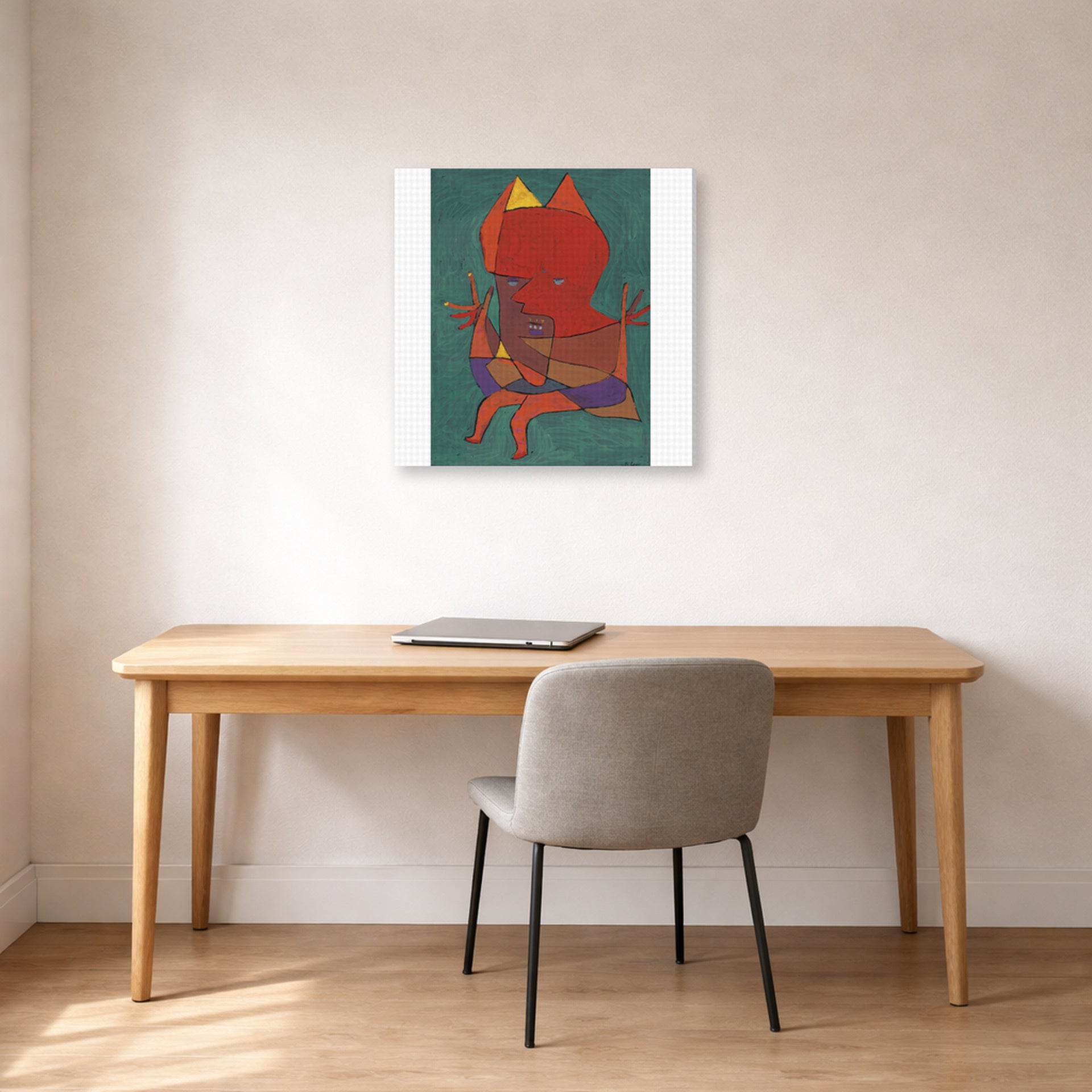 Gallery-wrapped canvas print of Paul Klee's Figurine Small Fire Devilfigurine Kleiner Furtufel displayed on a wall in an office