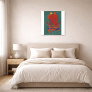Unframed poster print of Paul Klee's Figurine Small Fire Devilfigurine Kleiner Furtufel displayed on a wall in a bedroom
