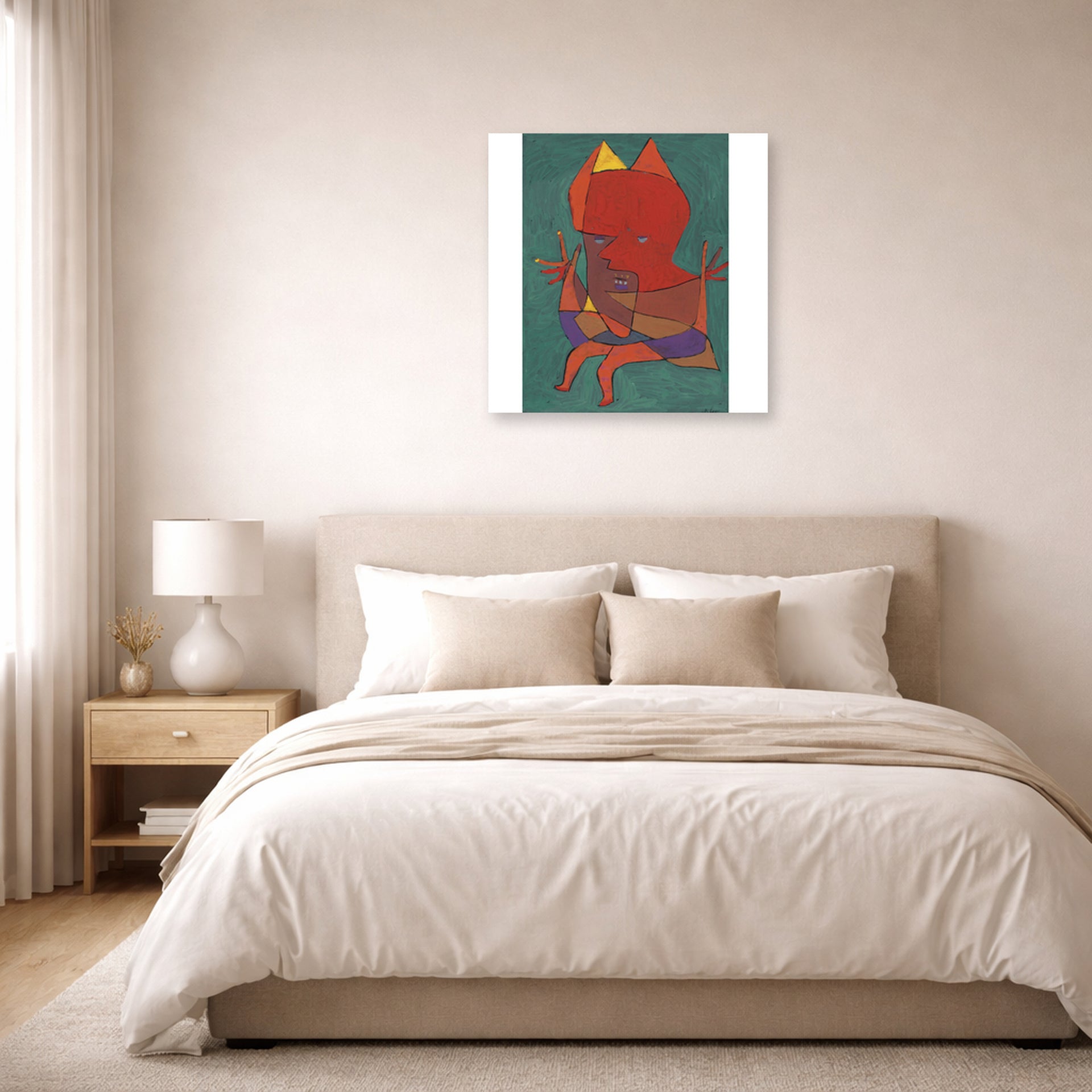 Unframed poster print of Paul Klee's Figurine Small Fire Devilfigurine Kleiner Furtufel displayed on a wall in a bedroom