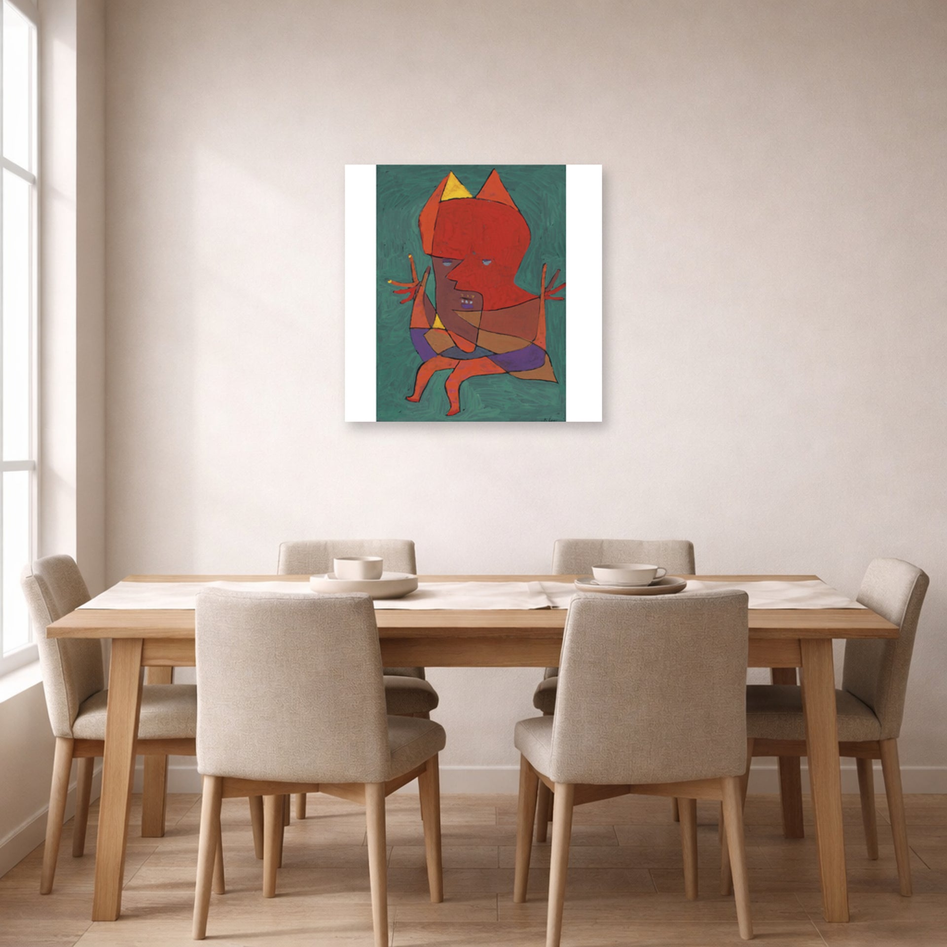 Unframed poster print of Paul Klee's Figurine Small Fire Devilfigurine Kleiner Furtufel displayed on a wall in a dining room