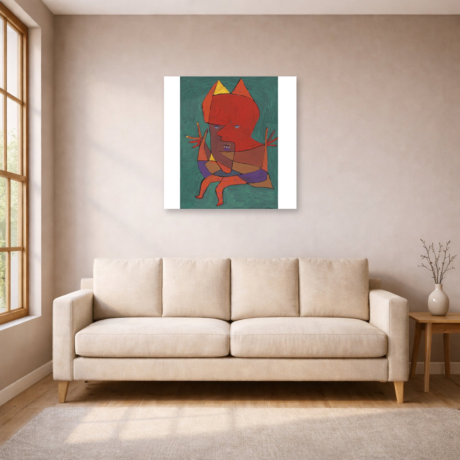 Unframed poster print of Paul Klee's Figurine Small Fire Devilfigurine Kleiner Furtufel displayed on a wall in a living room