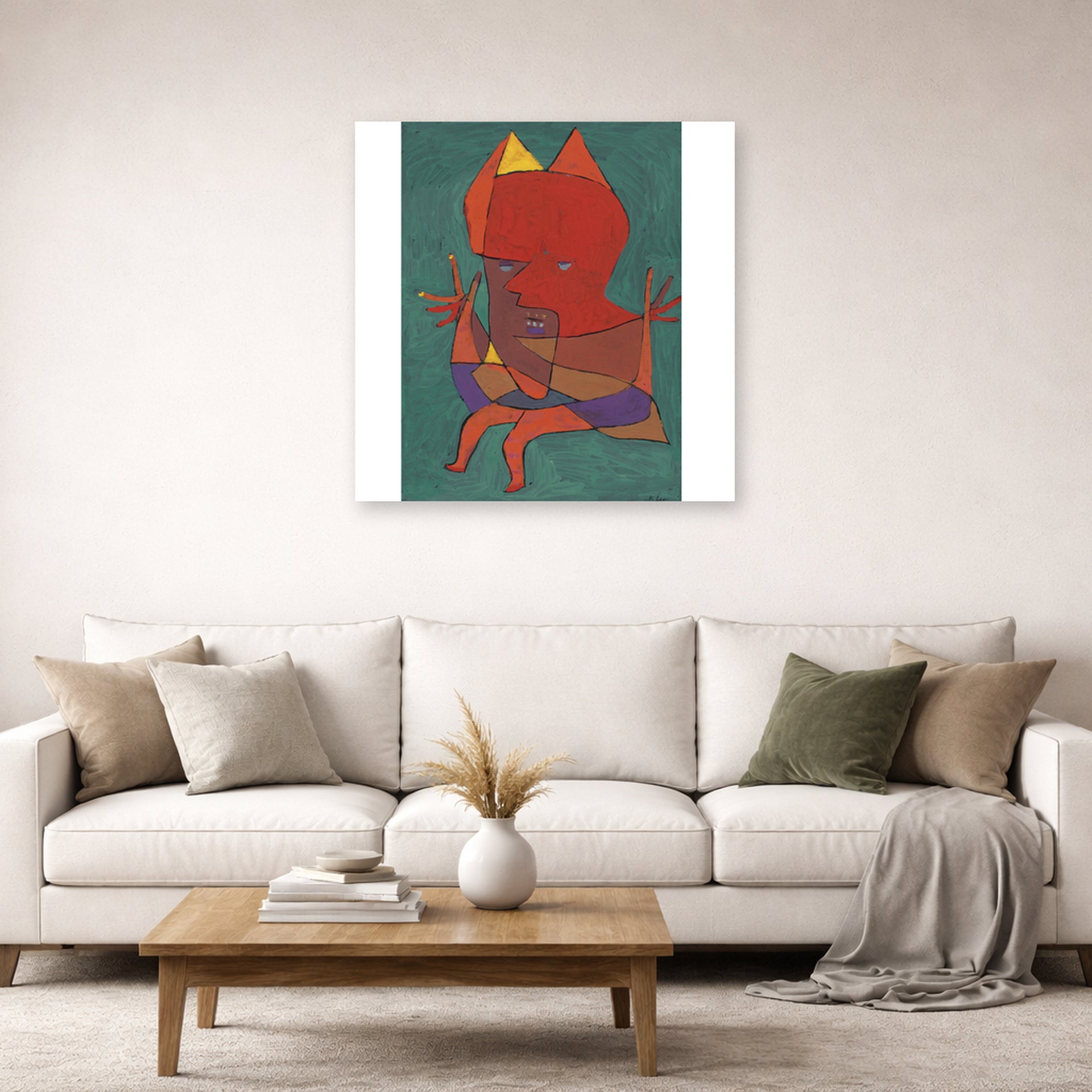 Unframed poster print of Paul Klee's Figurine Small Fire Devilfigurine Kleiner Furtufel displayed on a wall in a living room
