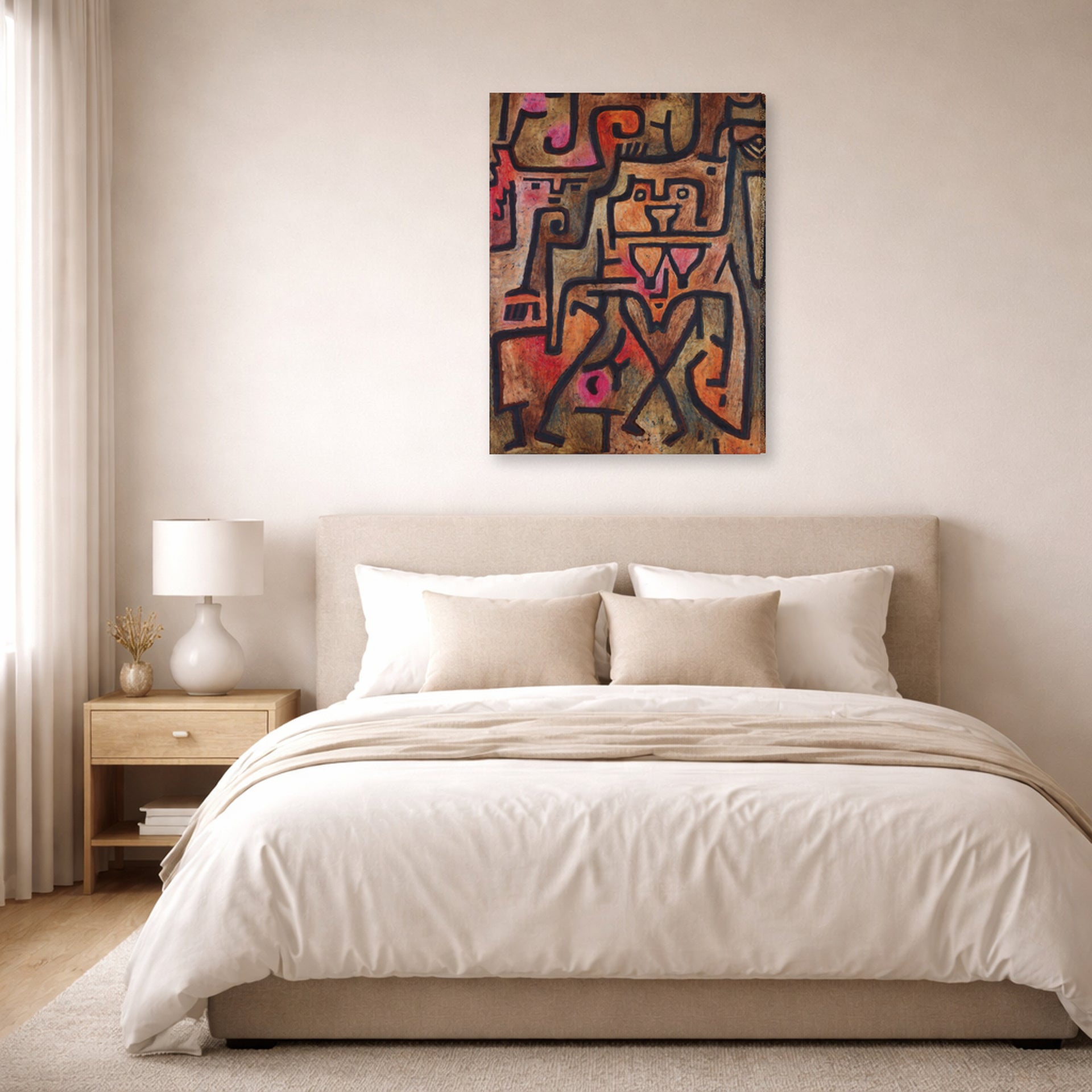 Gallery-wrapped canvas print of Paul Klee's Forest Witches displayed on a wall in a bedroom