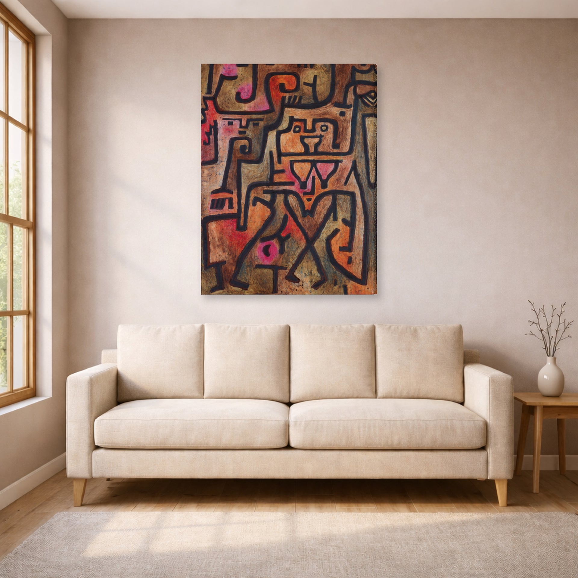 Gallery-wrapped canvas print of Paul Klee's Forest Witches displayed on a wall in a living room