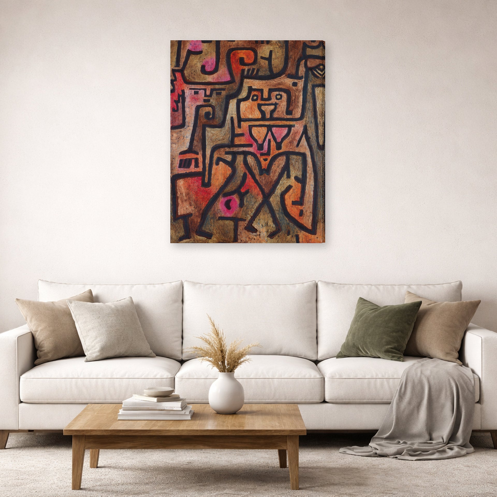 Gallery-wrapped canvas print of Paul Klee's Forest Witches displayed on a wall in a living room