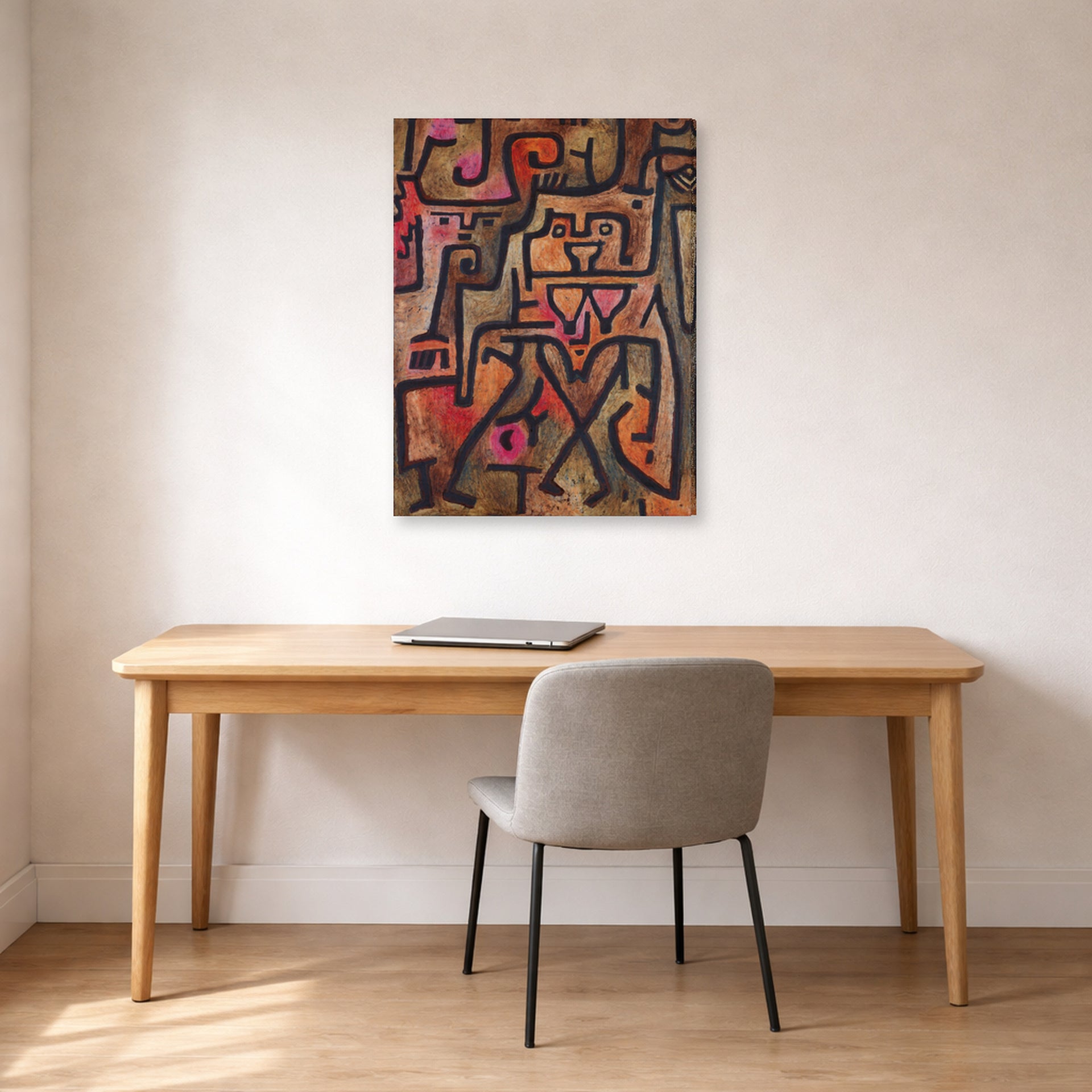 Gallery-wrapped canvas print of Paul Klee's Forest Witches displayed on a wall in an office