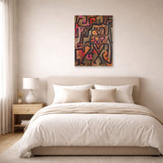 Unframed poster print of Paul Klee's Forest Witches displayed on a wall in a bedroom
