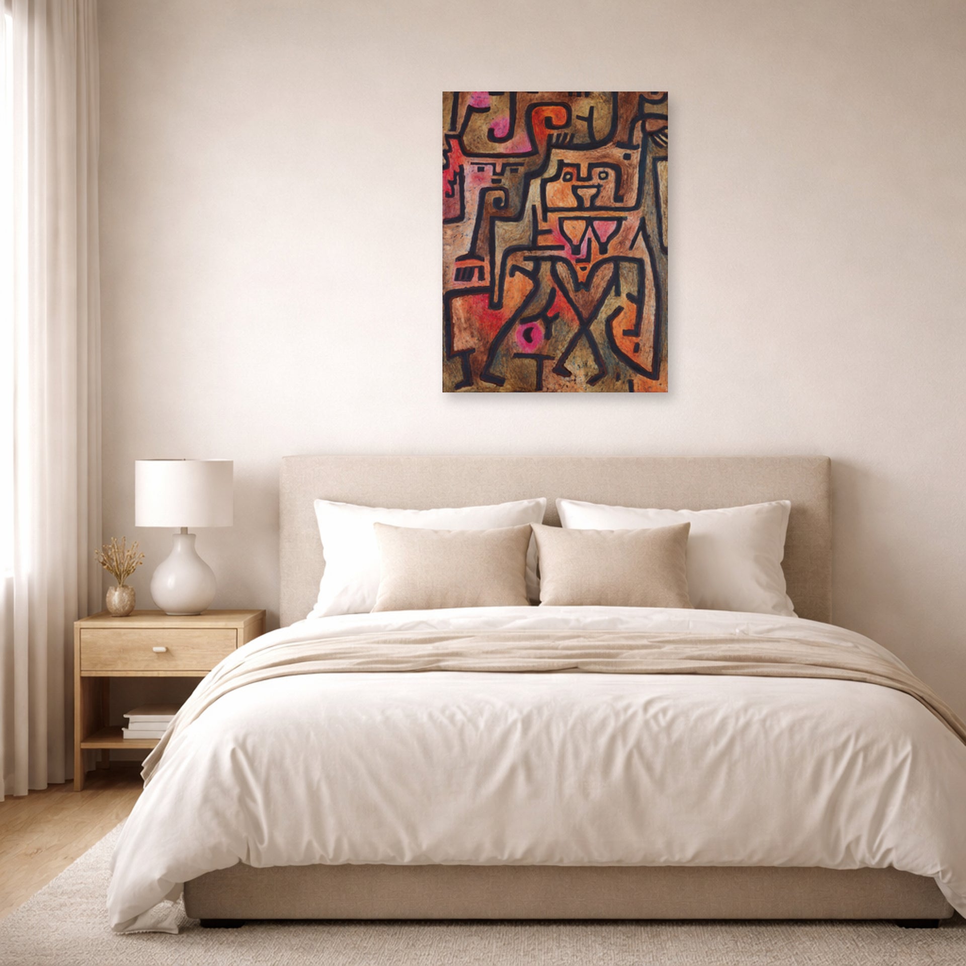 Unframed poster print of Paul Klee's Forest Witches displayed on a wall in a bedroom