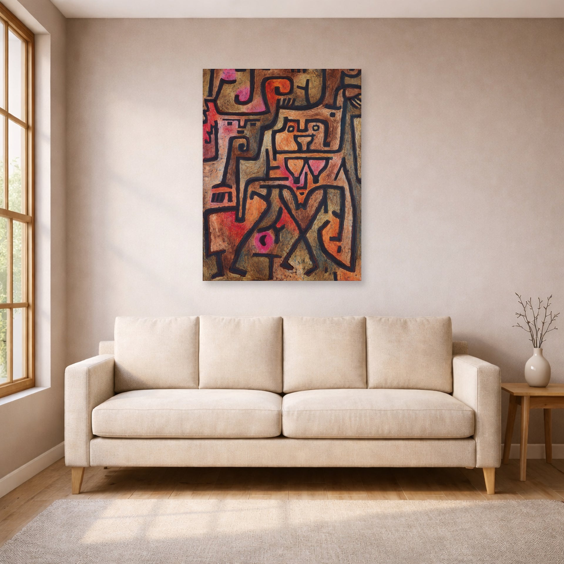 Unframed poster print of Paul Klee's Forest Witches displayed on a wall in a living room