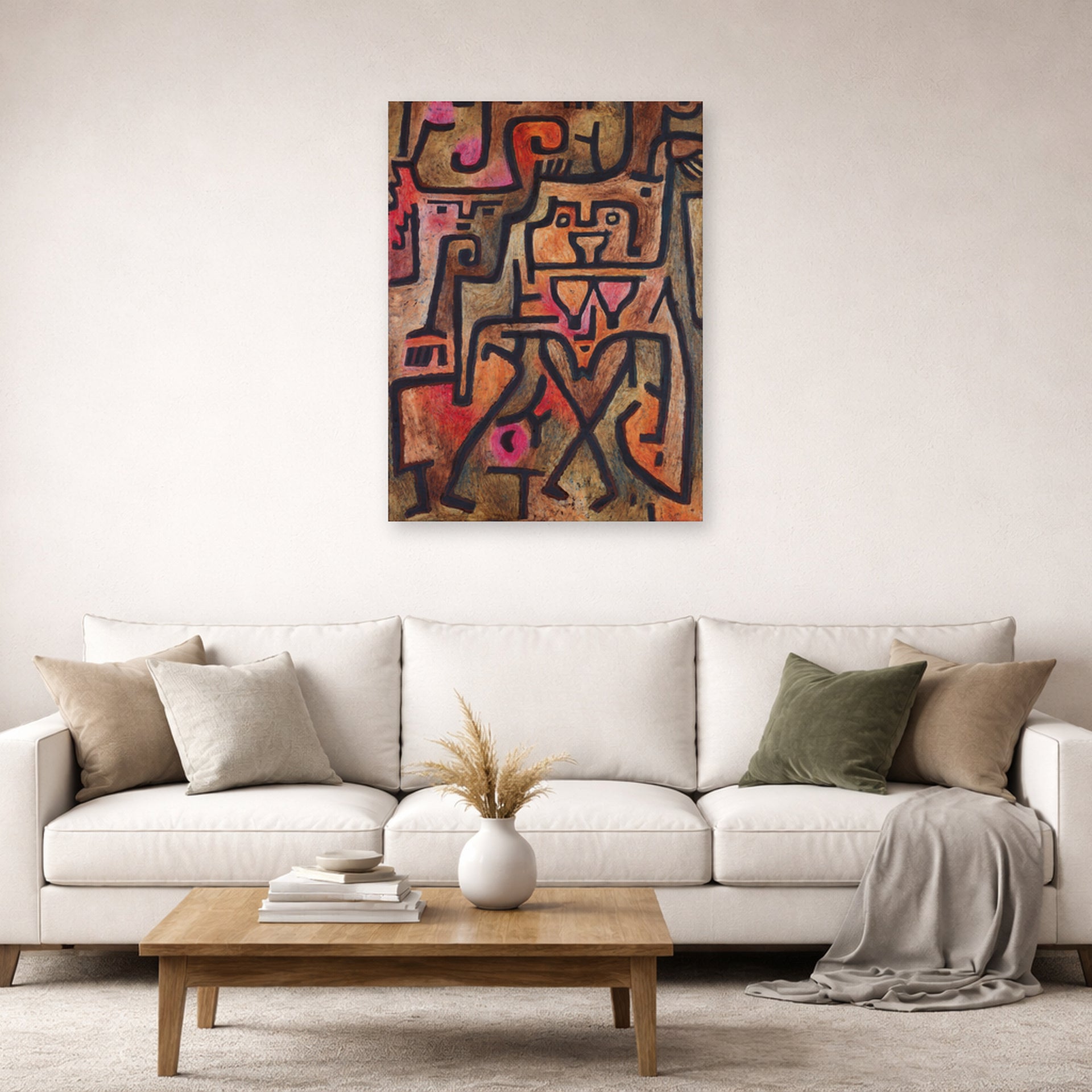 Unframed poster print of Paul Klee's Forest Witches displayed on a wall in a living room