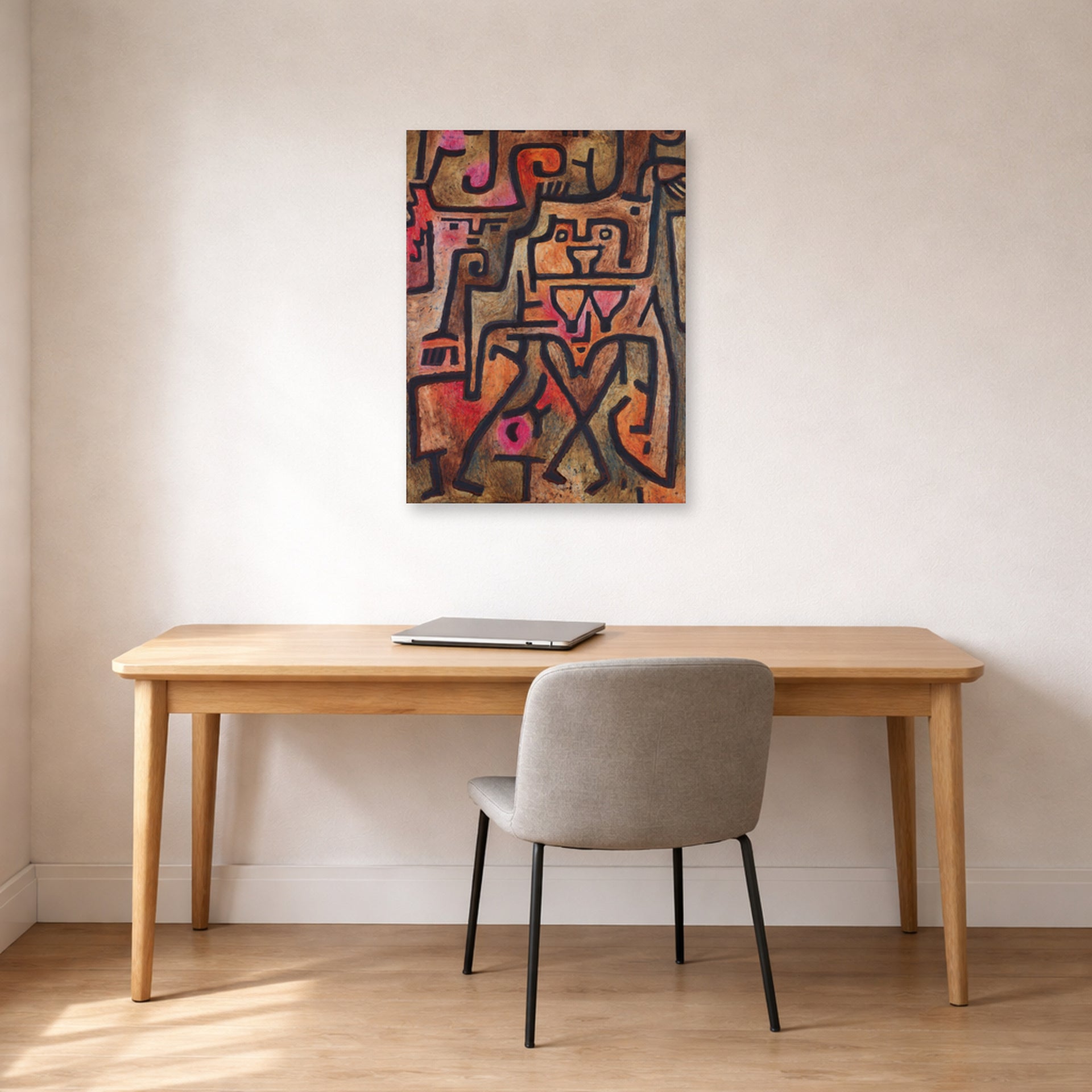 Unframed poster print of Paul Klee's Forest Witches displayed on a wall in an office