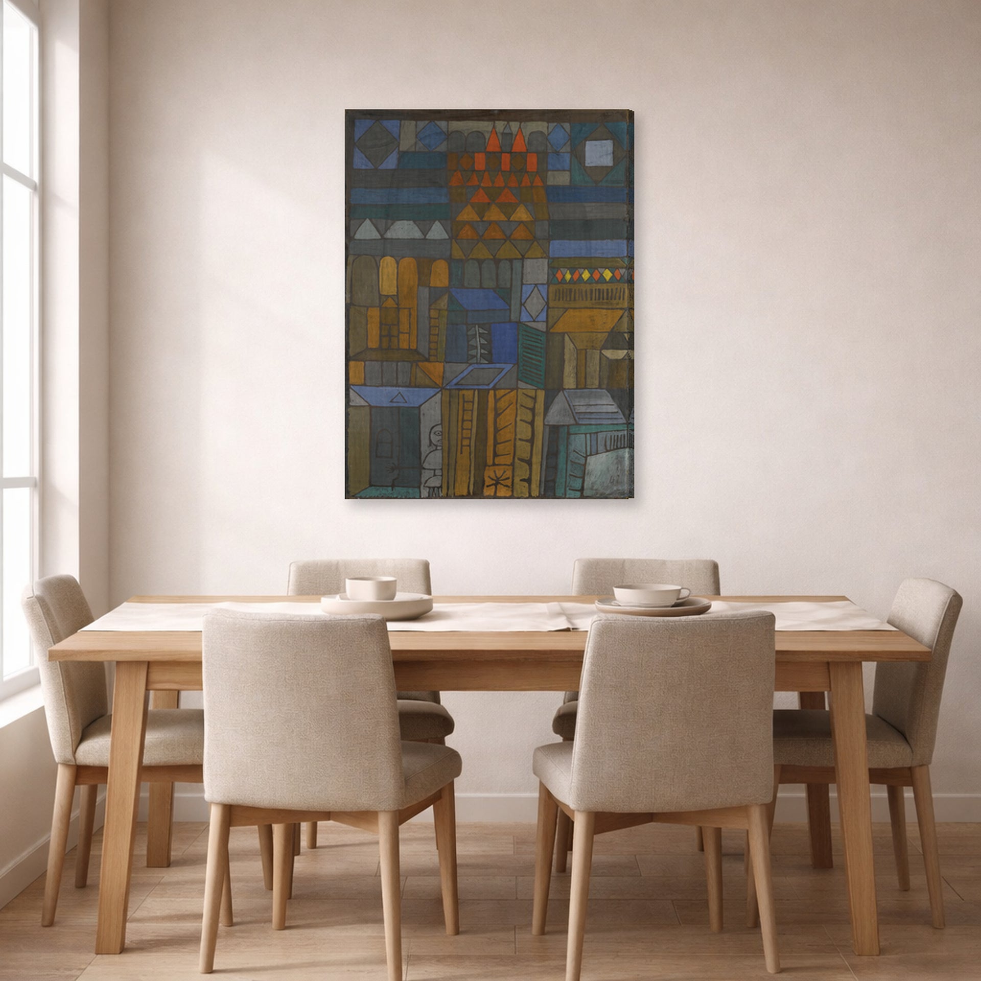 Gallery-wrapped canvas print of Paul Klee's Incipient Coolness displayed on a wall in a dining room