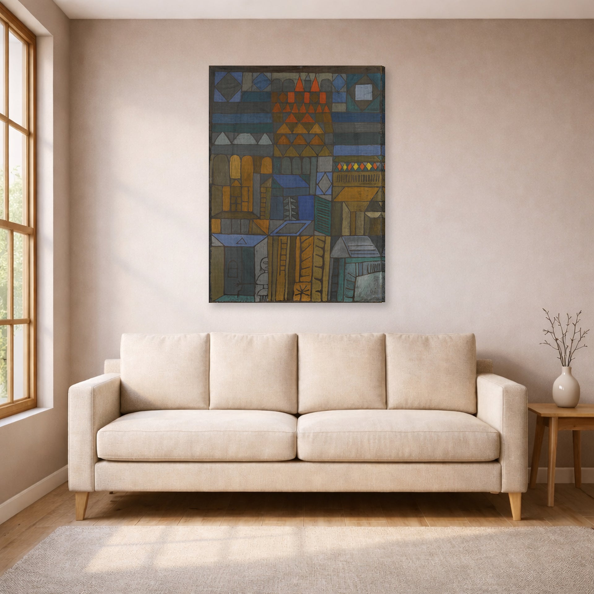 Gallery-wrapped canvas print of Paul Klee's Incipient Coolness displayed on a wall in a living room