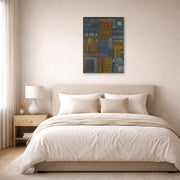 Unframed poster print of Paul Klee's Incipient Coolness displayed on a wall in a bedroom