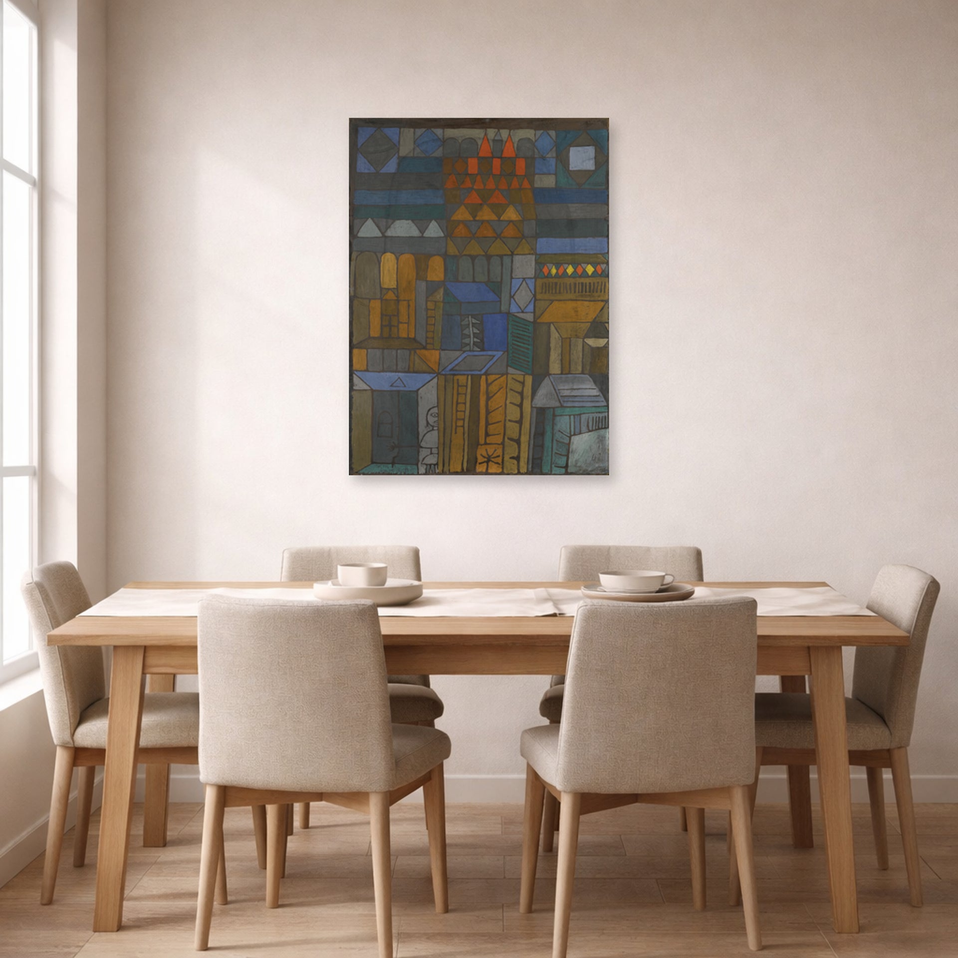 Unframed poster print of Paul Klee's Incipient Coolness displayed on a wall in a dining room