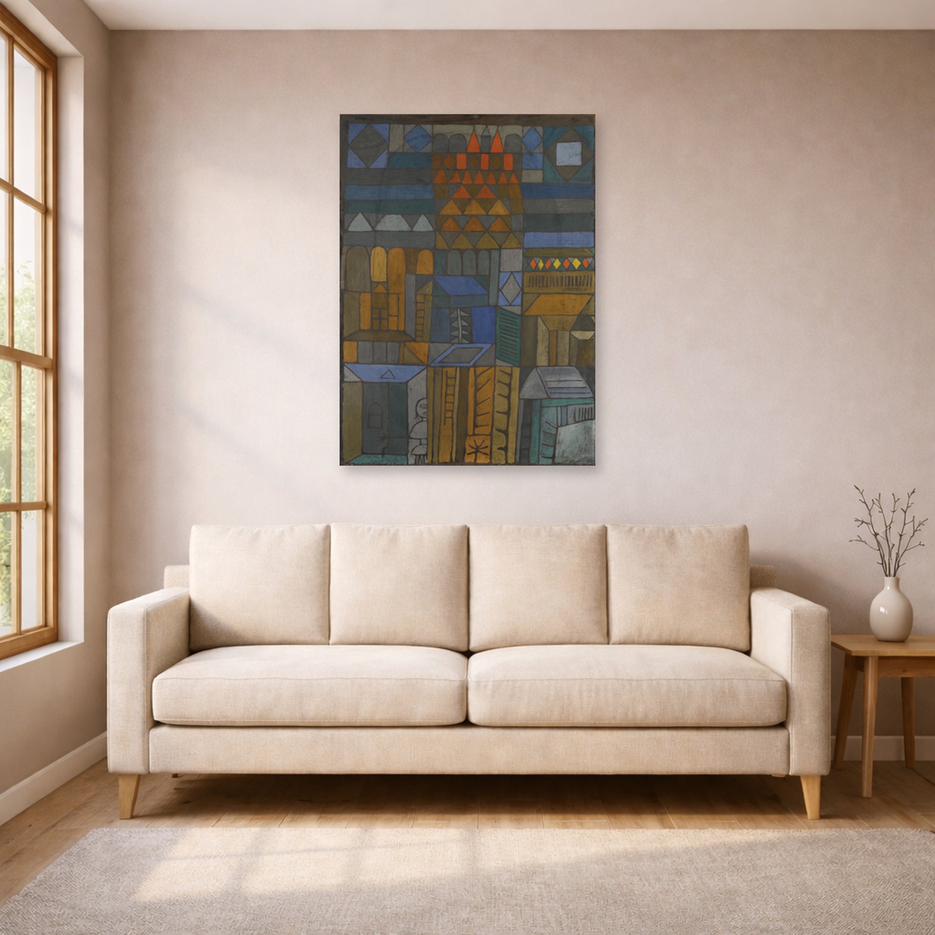 Unframed poster print of Paul Klee's Incipient Coolness displayed on a wall in a living room