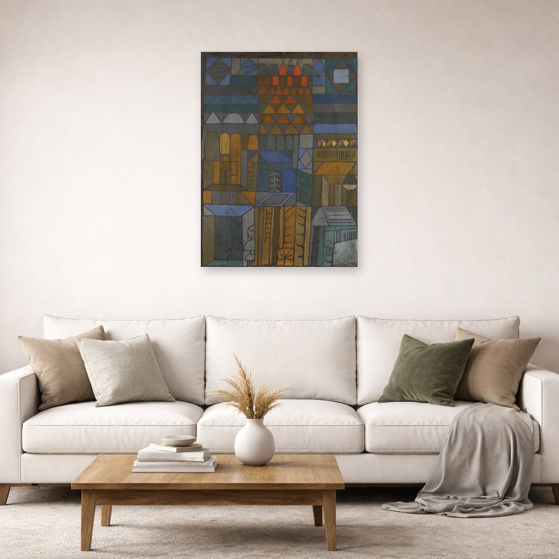 Unframed poster print of Paul Klee's Incipient Coolness displayed on a wall in a living room
