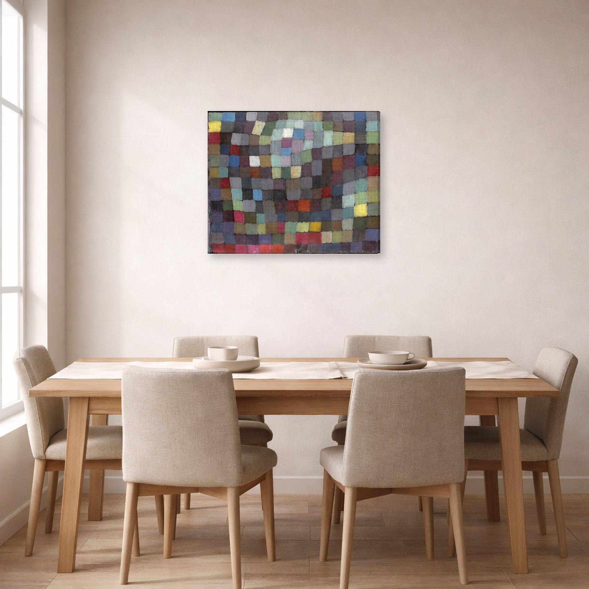 Gallery-wrapped canvas print of Paul Klee's May Picture displayed on a wall in a dining room