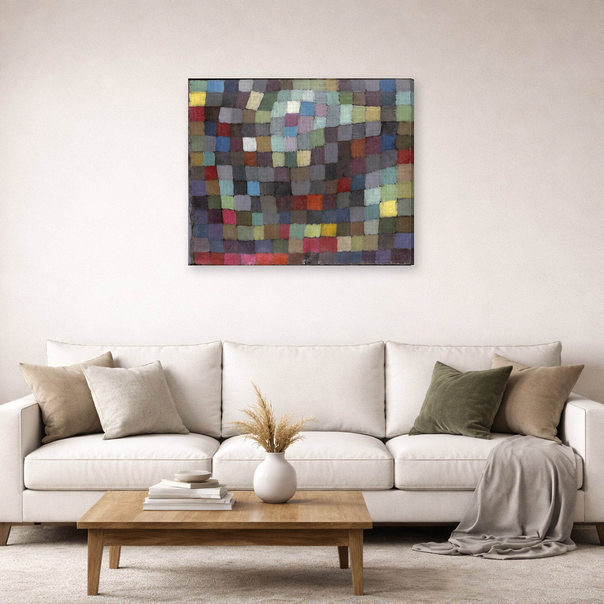 Gallery-wrapped canvas print of Paul Klee's May Picture displayed on a wall in a living room