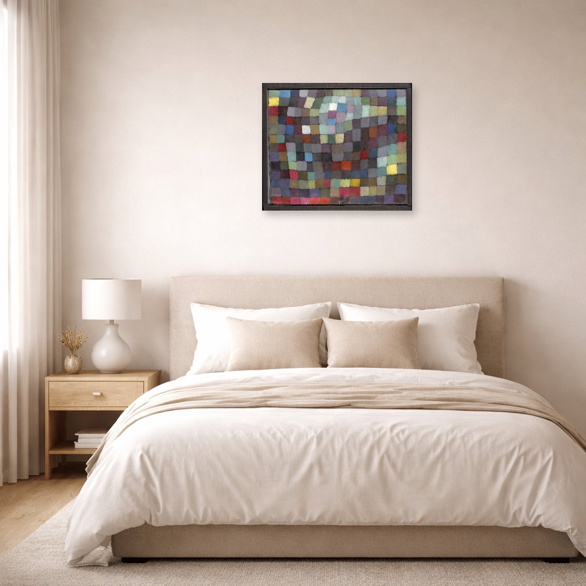 Unframed poster print of Paul Klee's May Picture displayed on a wall in a bedroom
