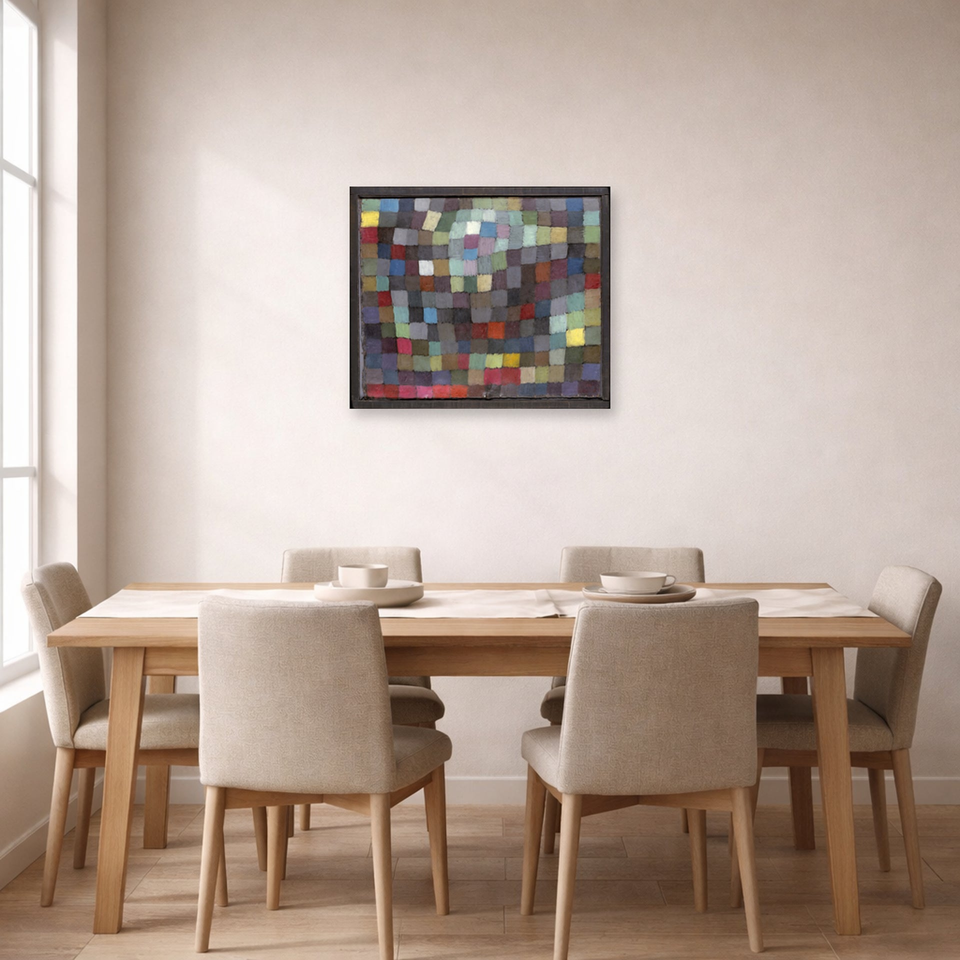 Unframed poster print of Paul Klee's May Picture displayed on a wall in a dining room
