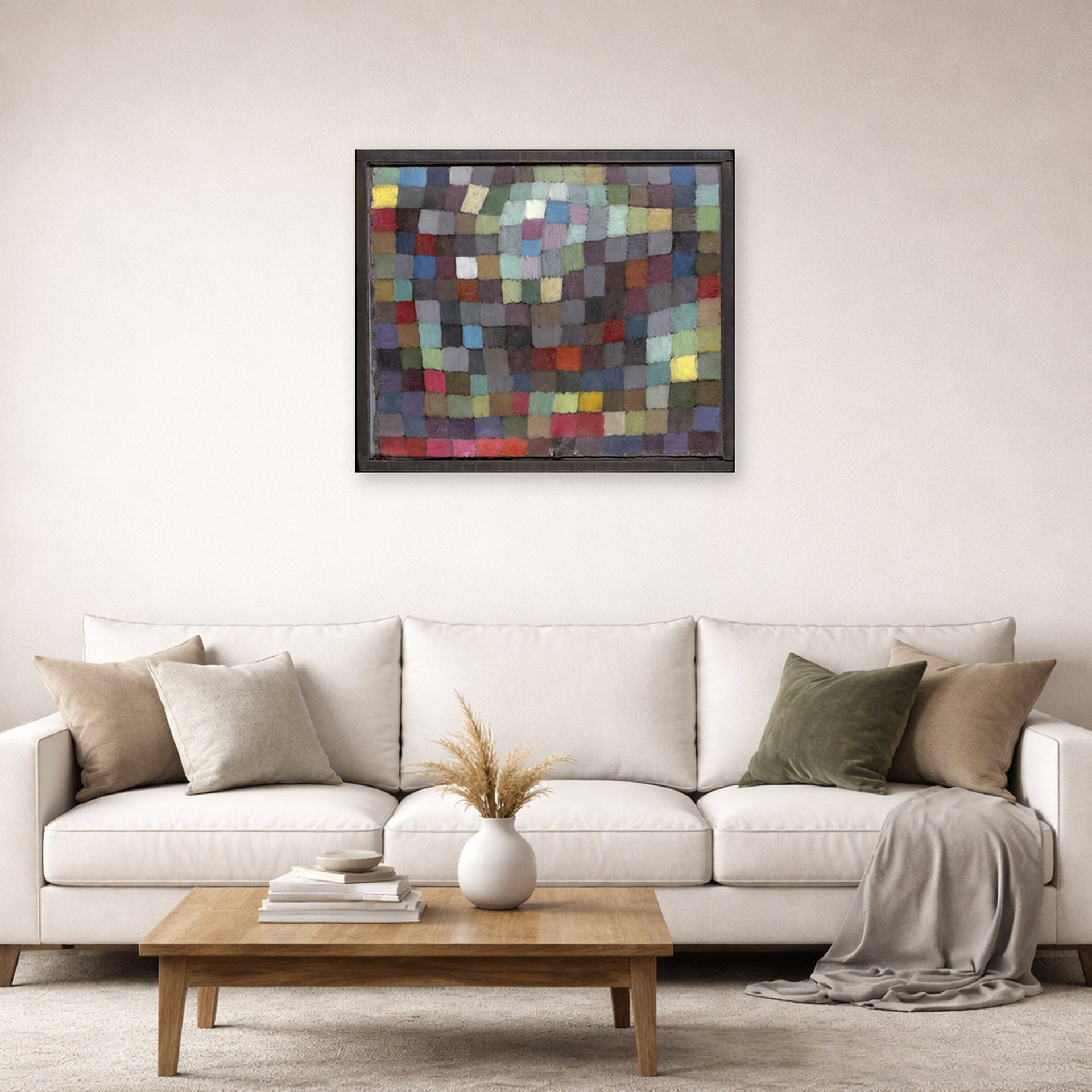 Unframed poster print of Paul Klee's May Picture displayed on a wall in a living room