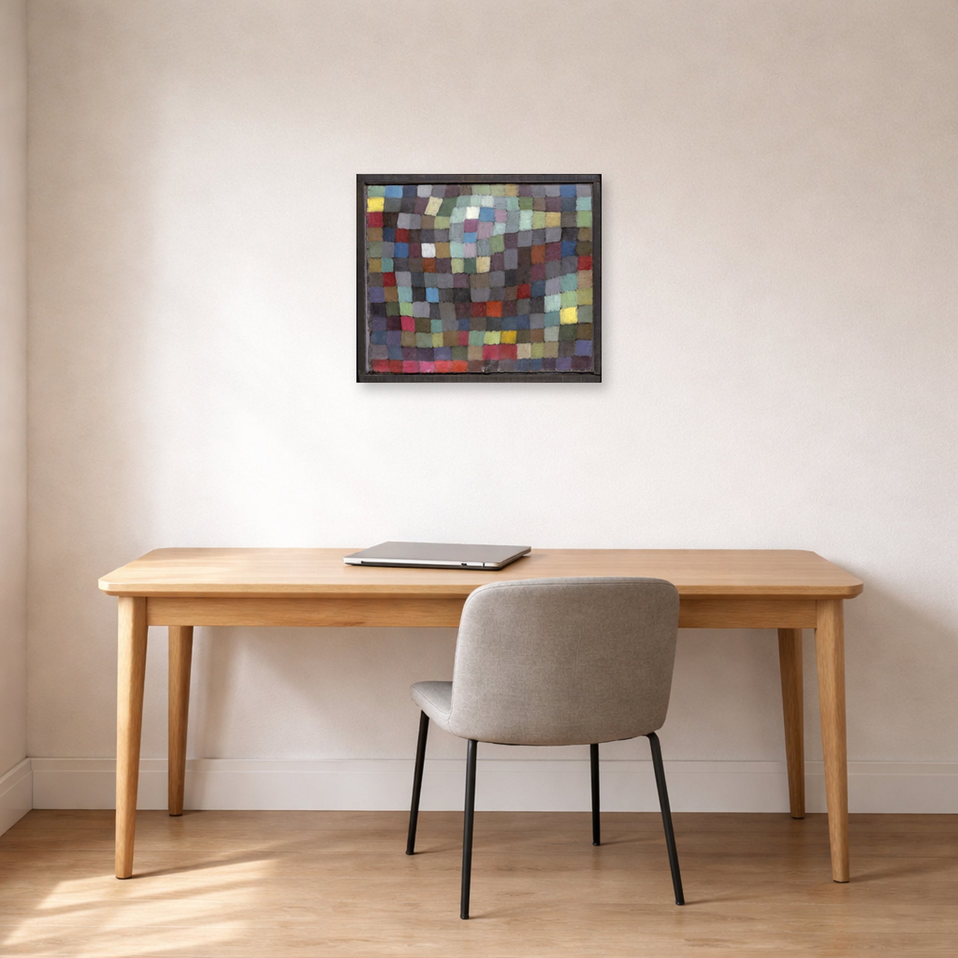 Unframed poster print of Paul Klee's May Picture displayed on a wall in an office