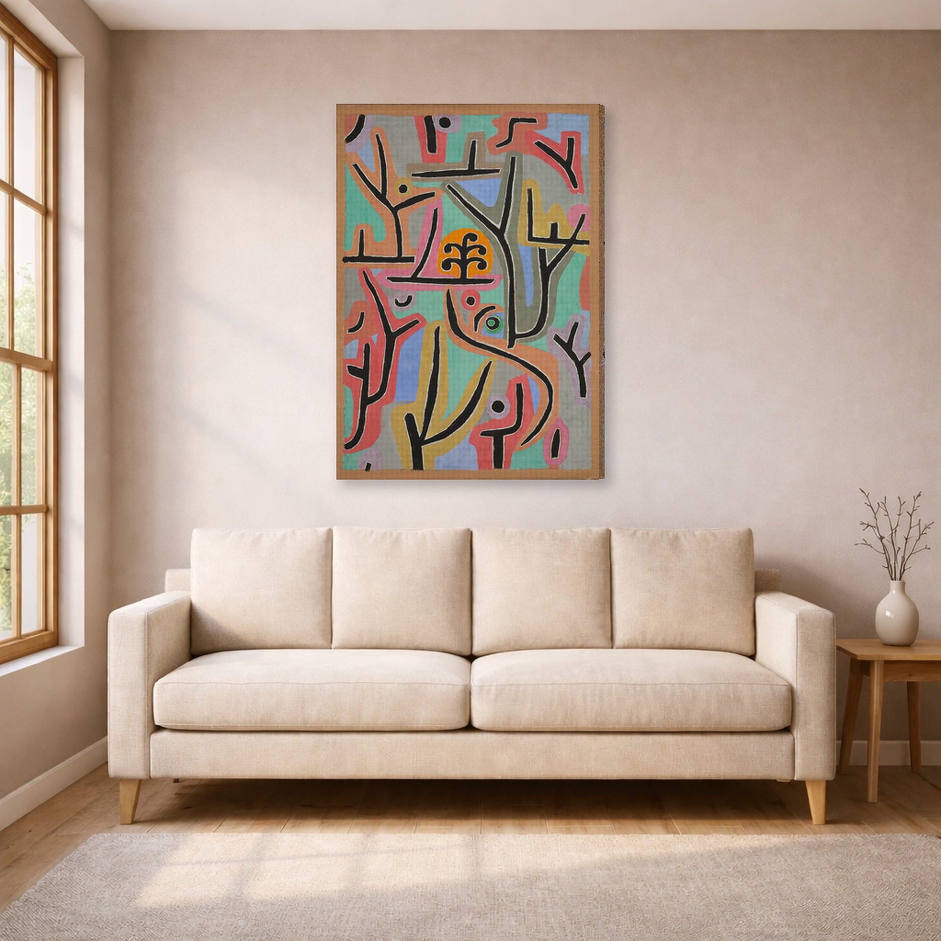 Gallery-wrapped canvas print of Paul Klee's Park near Lu displayed on a wall in a living room