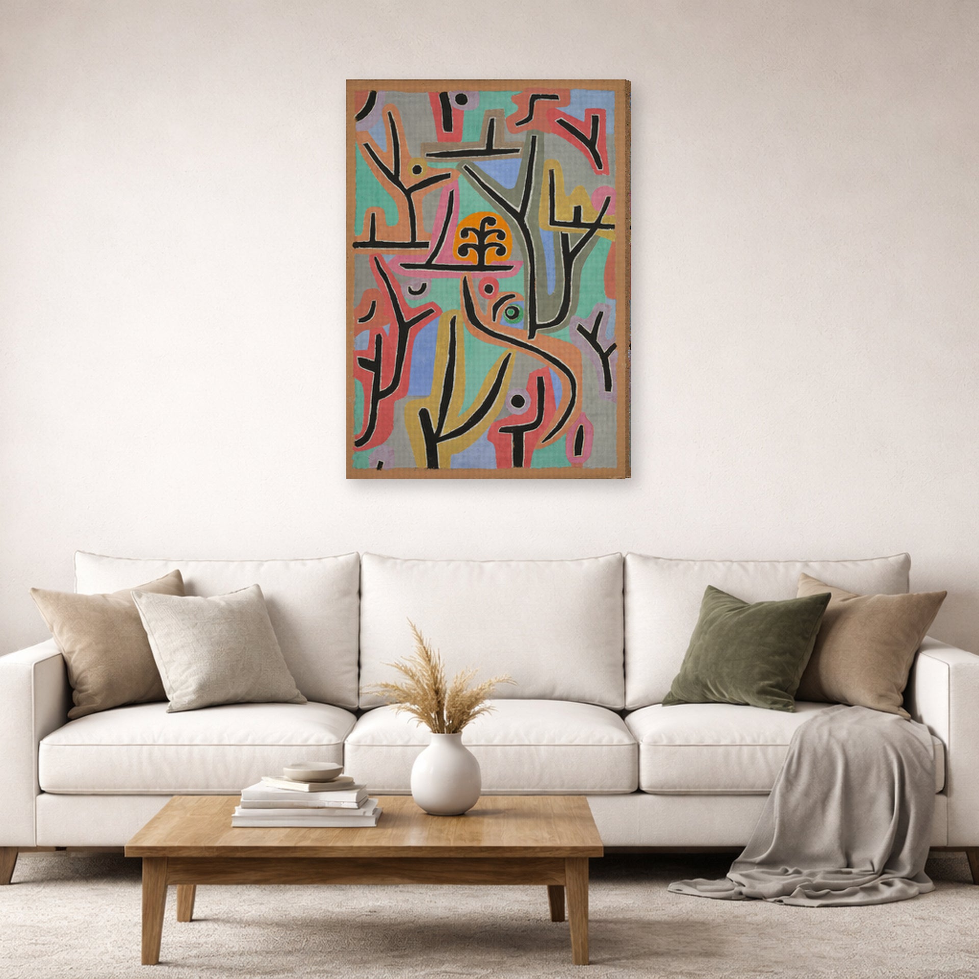 Gallery-wrapped canvas print of Paul Klee's Park near Lu displayed on a wall in a living room