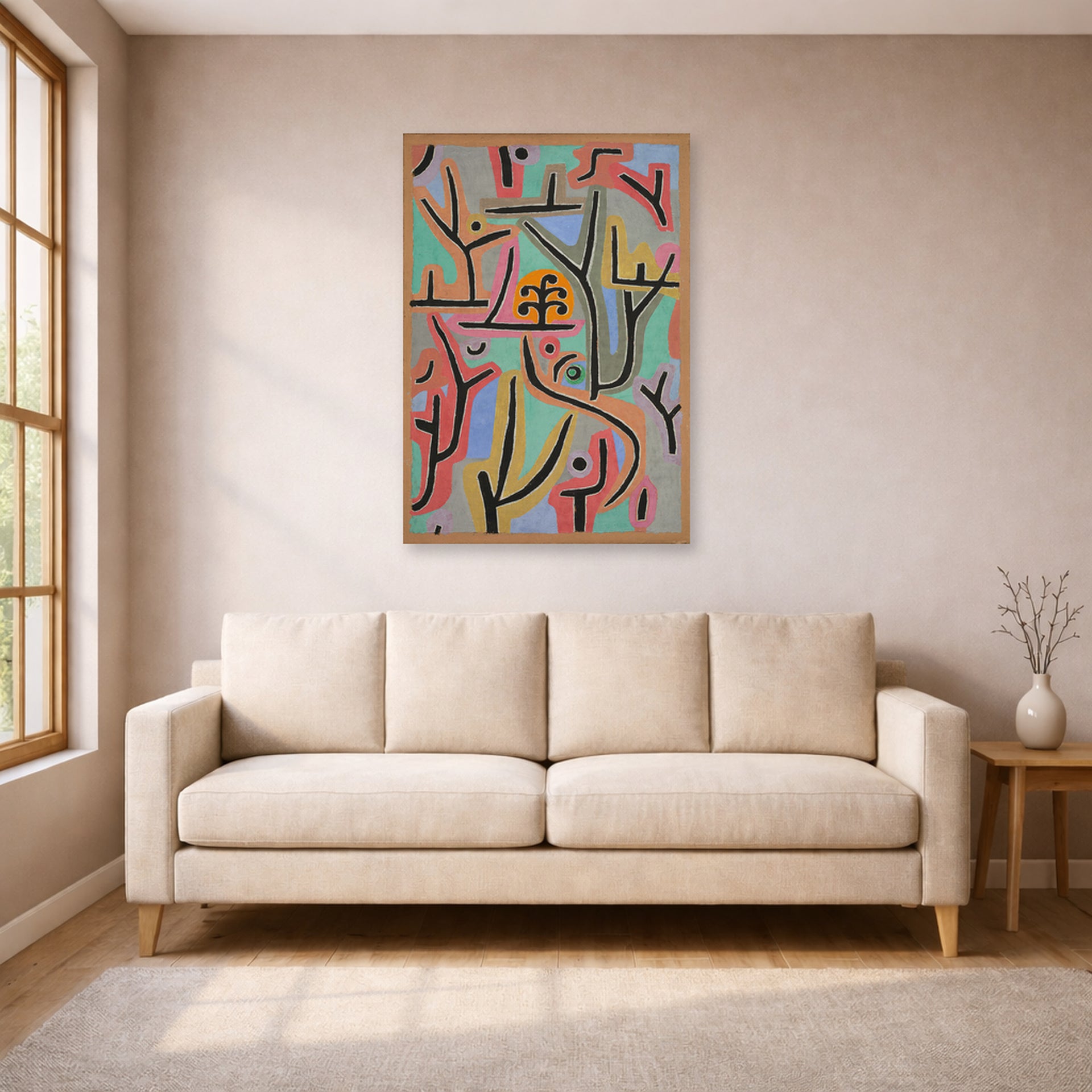 Unframed poster print of Paul Klee's Park near Lu displayed on a wall in a living room