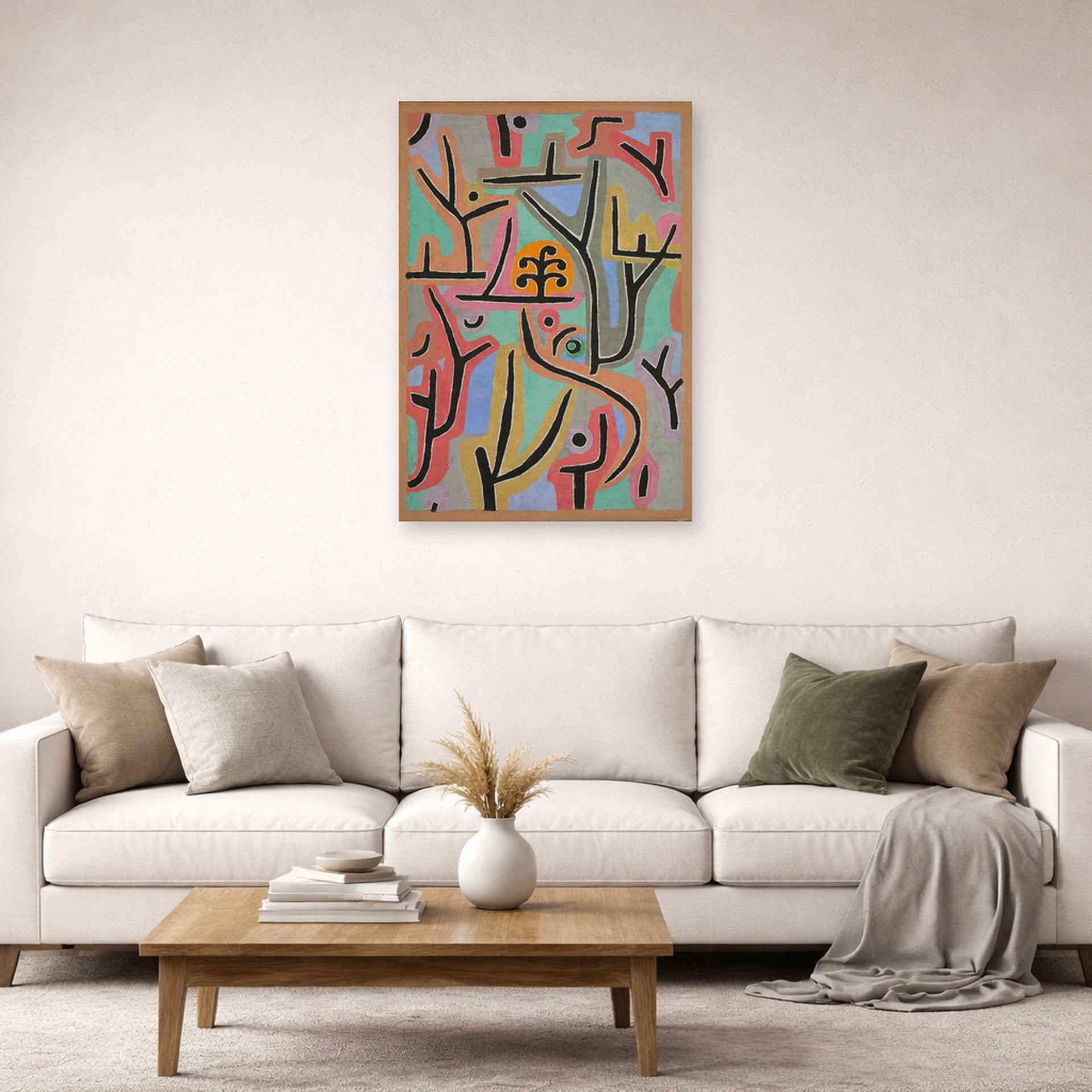 Unframed poster print of Paul Klee's Park near Lu displayed on a wall in a living room