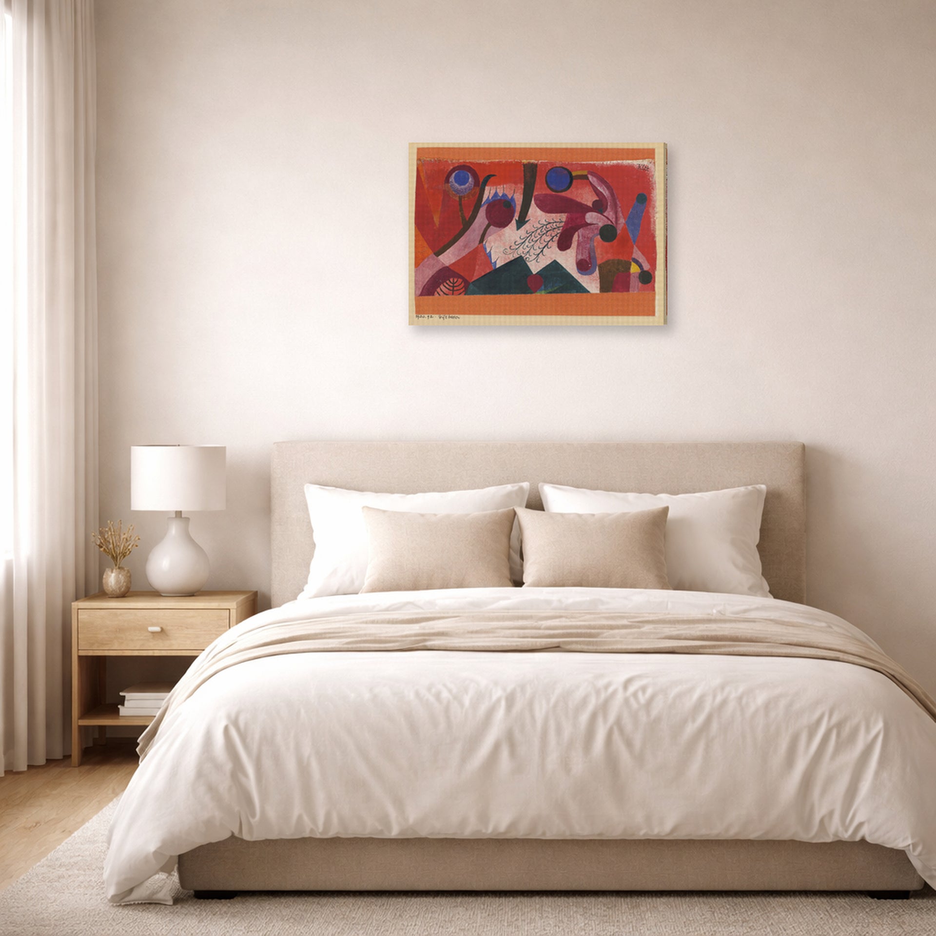 Gallery-wrapped canvas print of Paul Klee's Poisonous Berries displayed on a wall in a bedroom