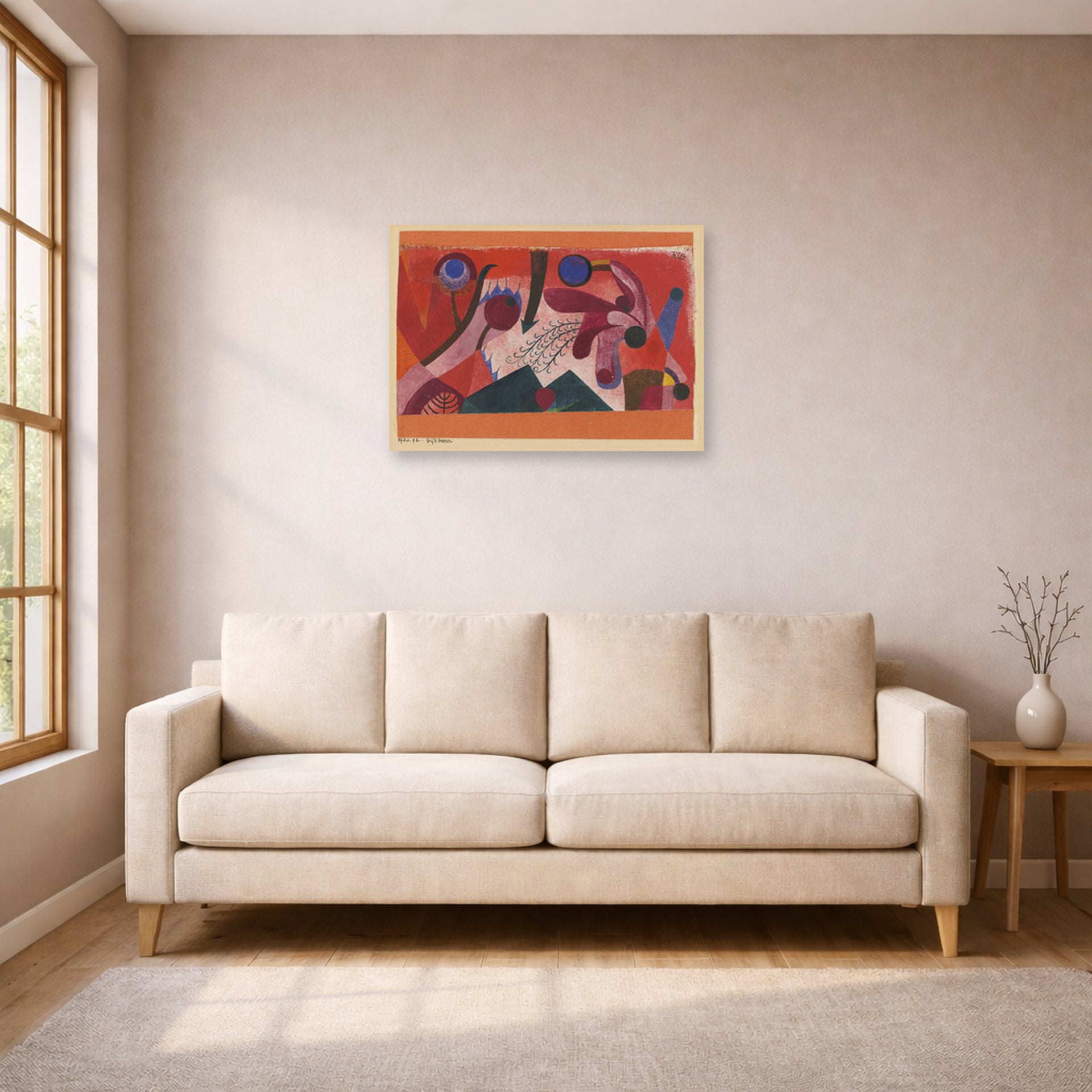 Unframed poster print of Paul Klee's Poisonous Berries displayed on a wall in a living room