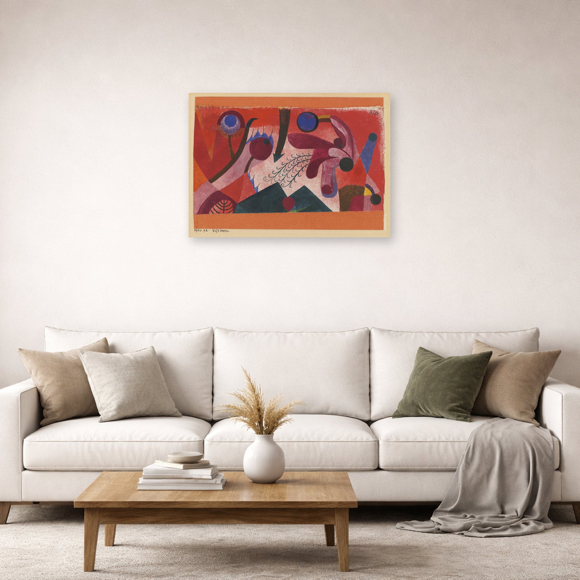 Unframed poster print of Paul Klee's Poisonous Berries displayed on a wall in a living room