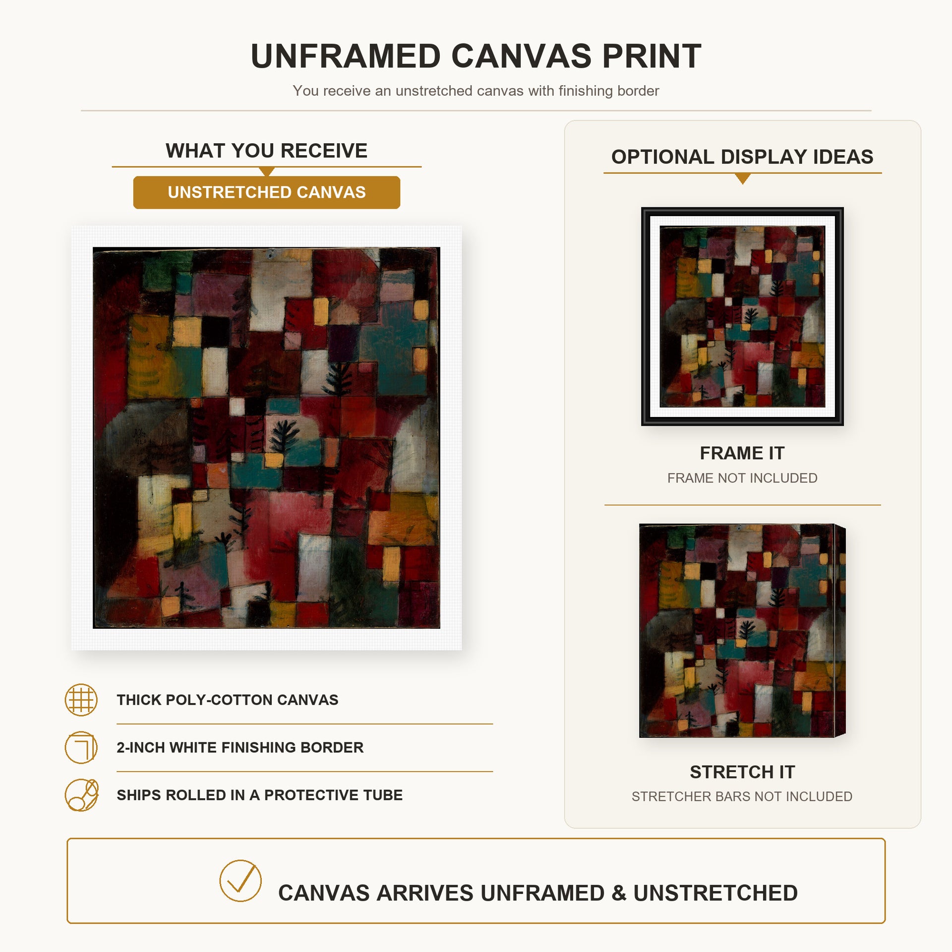 Paul Klee - Redgreen and Violet Yellow Rhythms canvas print size comparison and framing display infographic