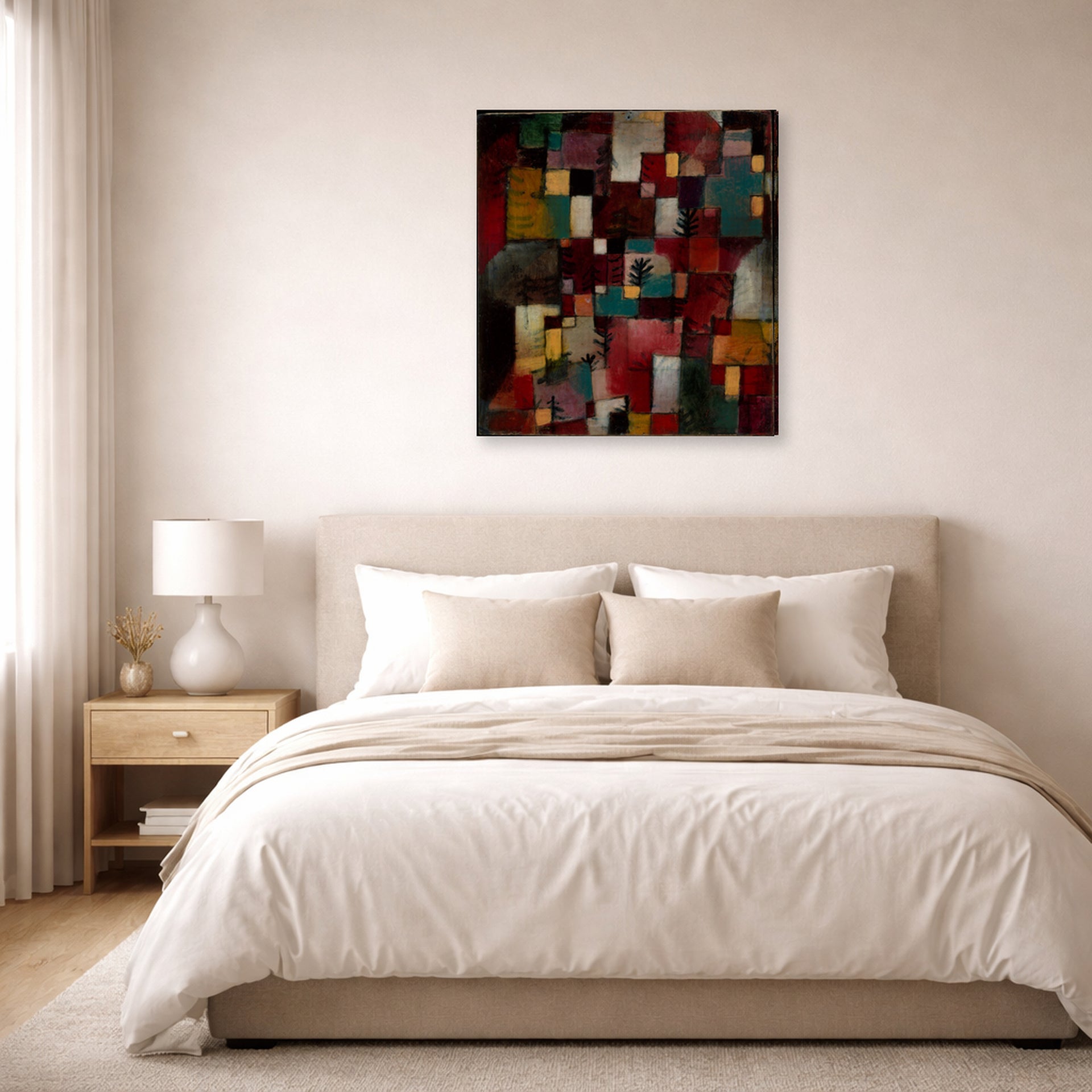Gallery-wrapped canvas print of Paul Klee's Redgreen and Violet Yellow Rhythms displayed on a wall in a bedroom
