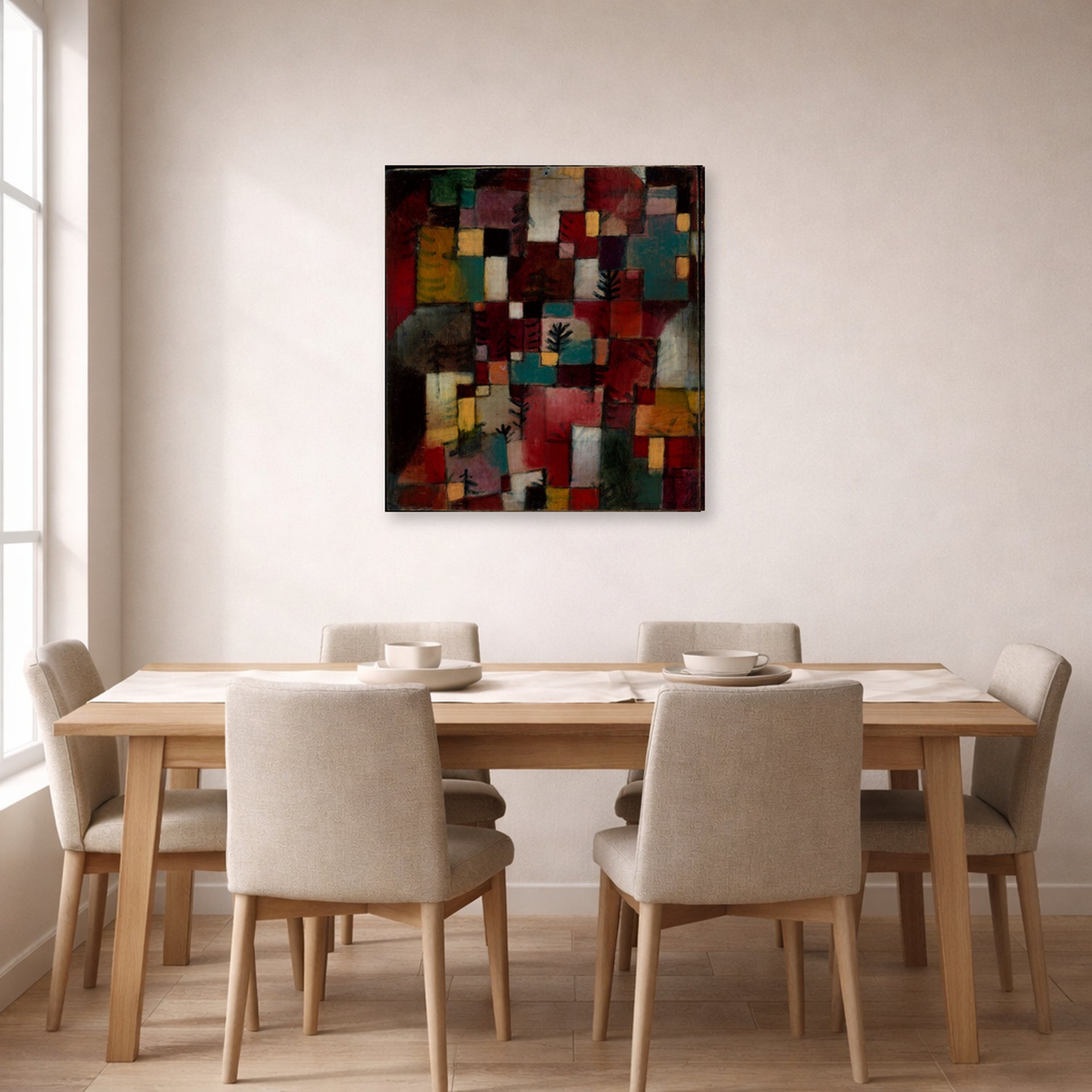 Gallery-wrapped canvas print of Paul Klee's Redgreen and Violet Yellow Rhythms displayed on a wall in a dining room