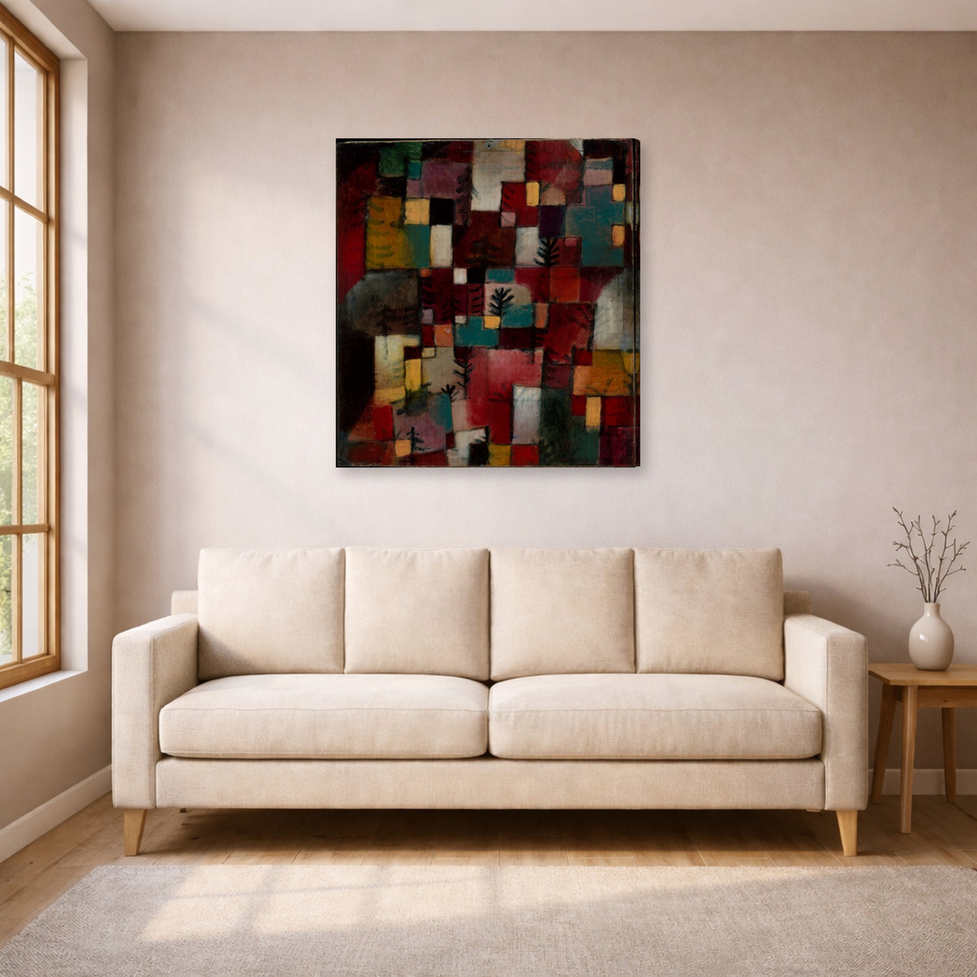 Gallery-wrapped canvas print of Paul Klee's Redgreen and Violet Yellow Rhythms displayed on a wall in a living room