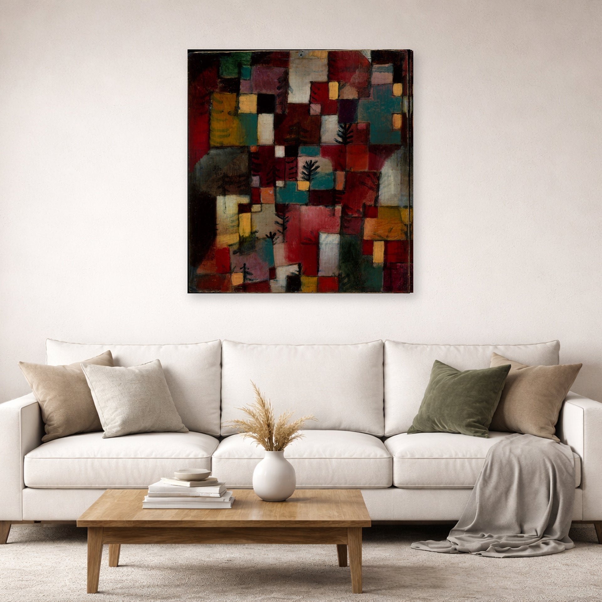 Gallery-wrapped canvas print of Paul Klee's Redgreen and Violet Yellow Rhythms displayed on a wall in a living room