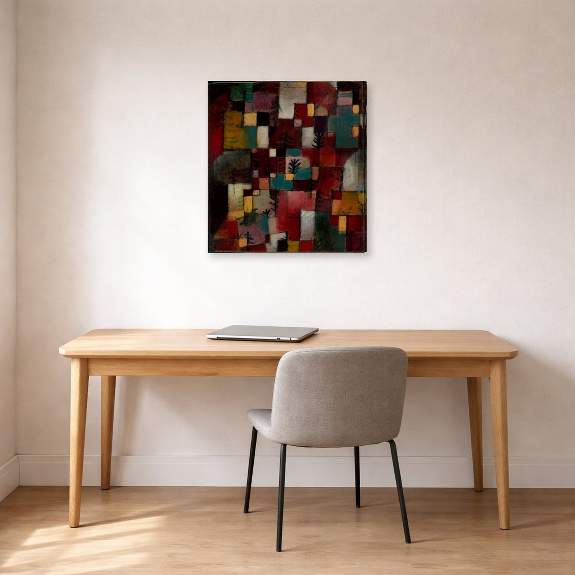 Gallery-wrapped canvas print of Paul Klee's Redgreen and Violet Yellow Rhythms displayed on a wall in an office