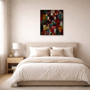 Unframed poster print of Paul Klee's Redgreen and Violet Yellow Rhythms displayed on a wall in a bedroom