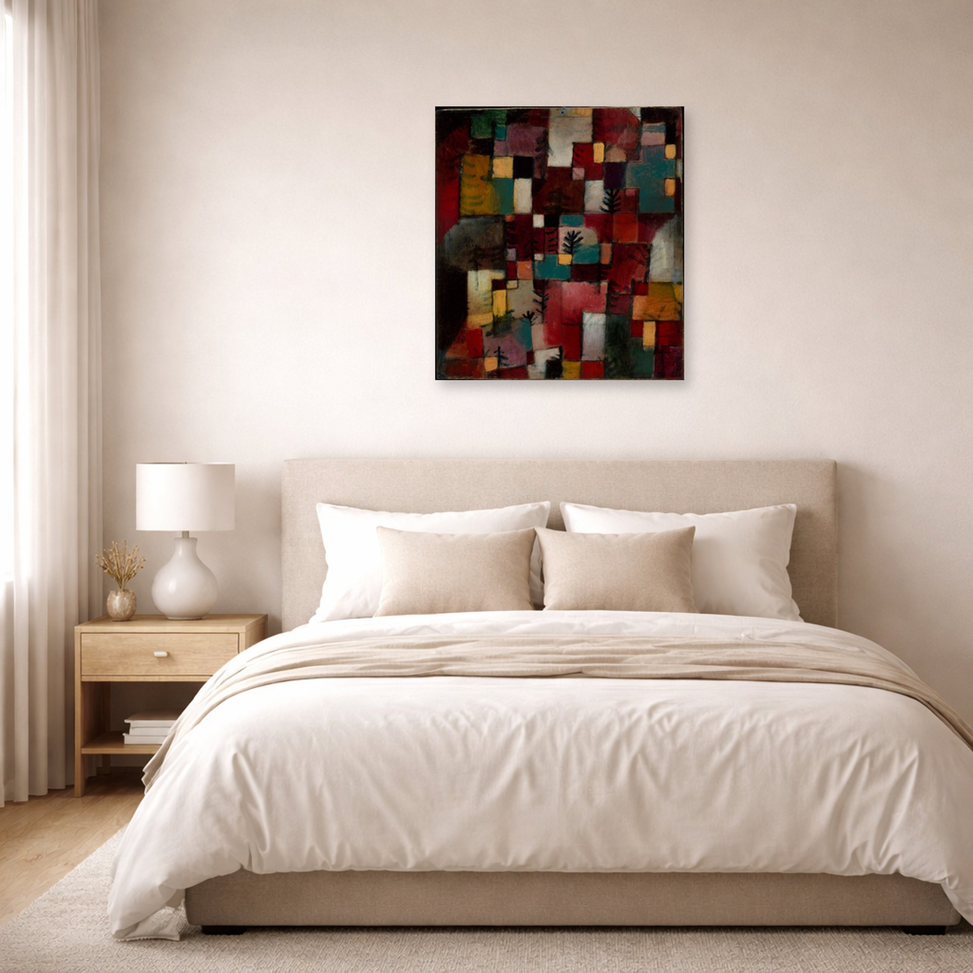 Unframed poster print of Paul Klee's Redgreen and Violet Yellow Rhythms displayed on a wall in a bedroom