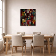 Unframed poster print of Paul Klee's Redgreen and Violet Yellow Rhythms displayed on a wall in a dining room
